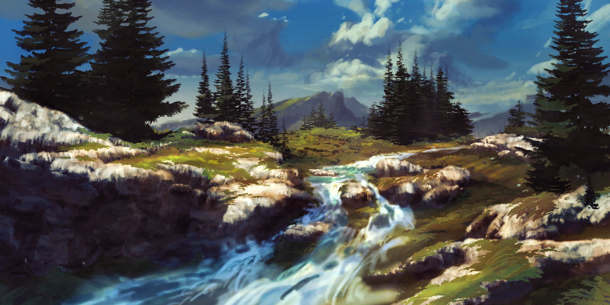 digital art, water, trees, rocks, Philipp A. Ulrich, clouds, 1080P, artwork, sky, HD Wallpaper