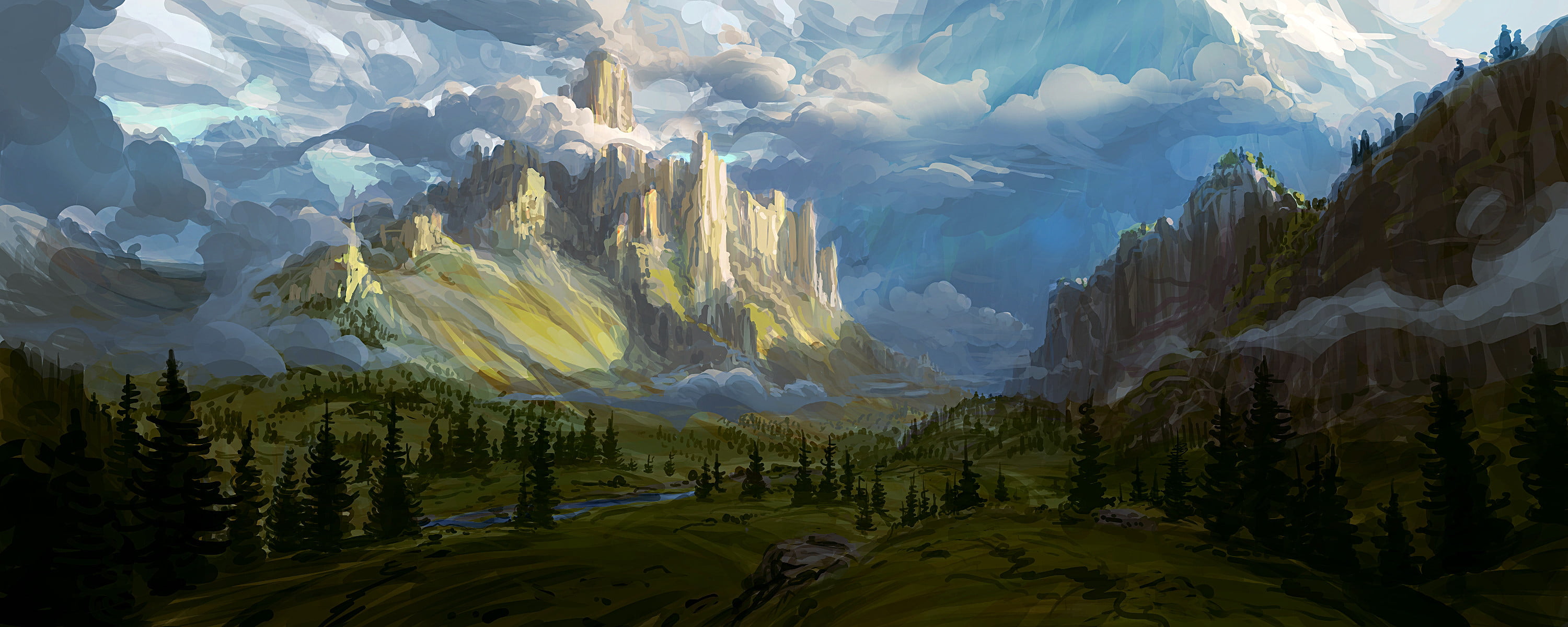 clouds, digital art, trees, Philipp A. Ulrich, 2K, landscape, rocks, artwork, HD Wallpaper