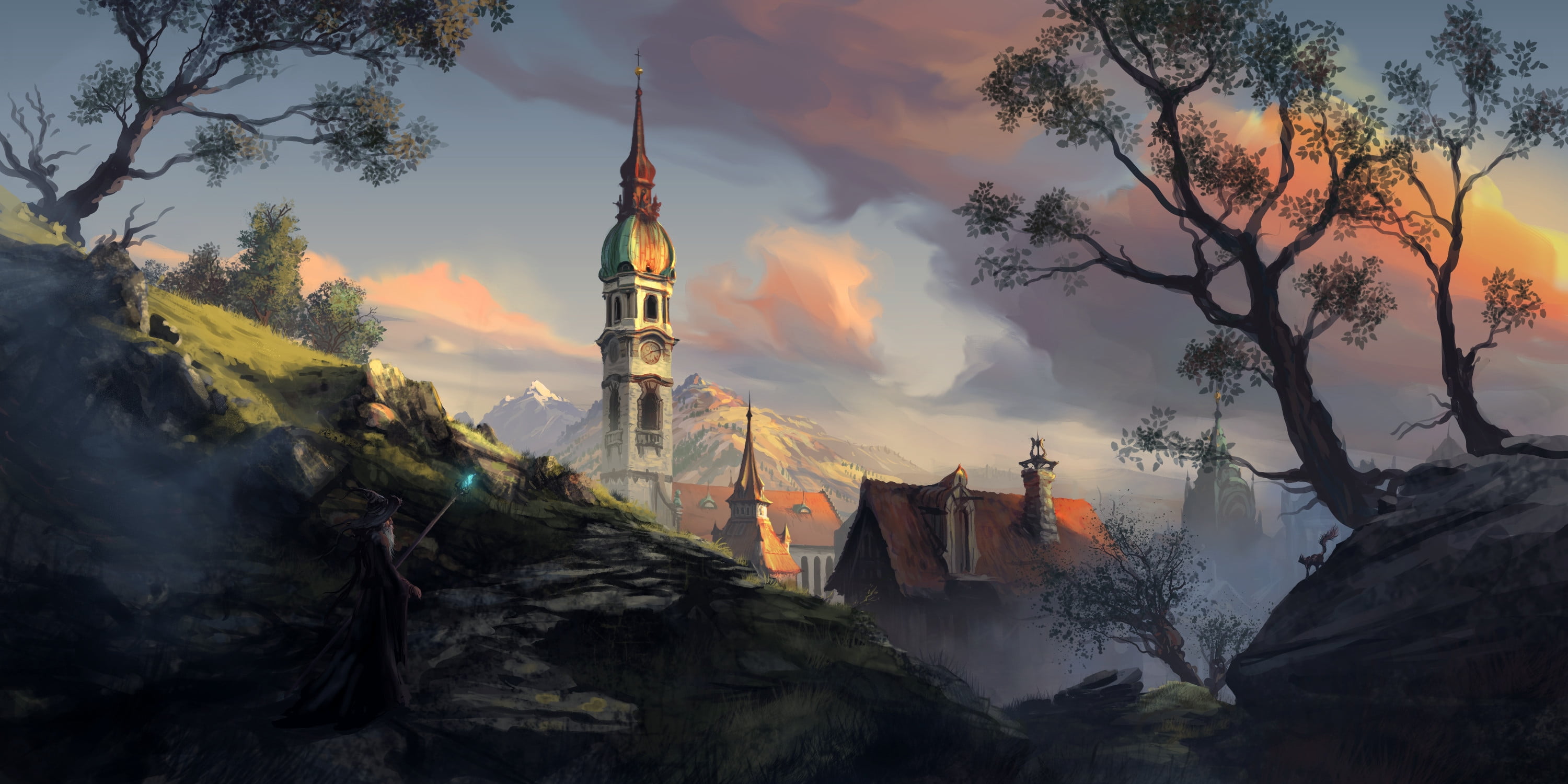 wizard, digital art, artwork, Philipp A. Ulrich, 2K, trees, landscape, old building, clouds, HD Wallpaper