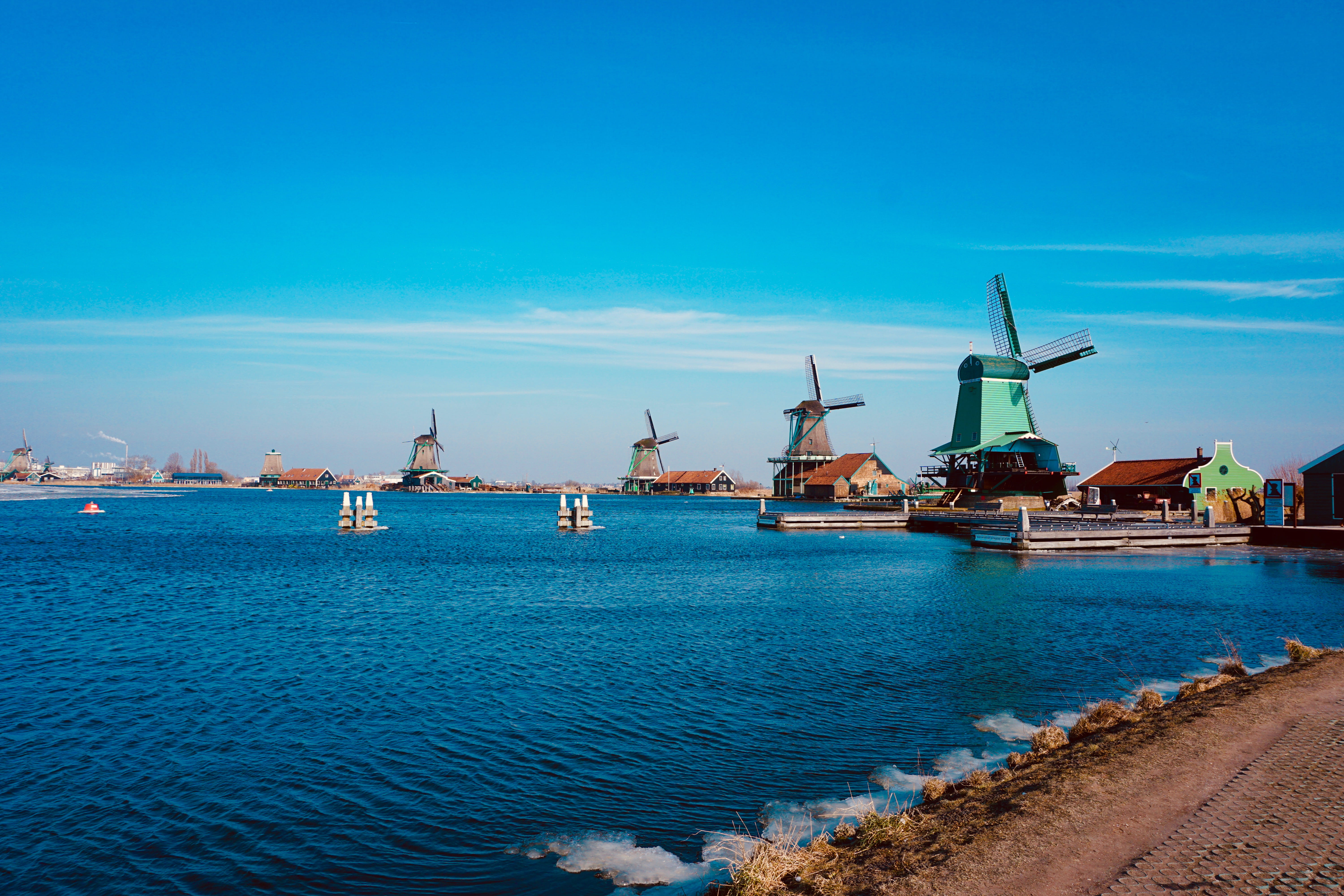 blue sky, sky, zaandam, amsterdam, holland, built structure, nature, nautical vessel, zaanse schans, water, building exterior, blue, beauty in nature, HD Wallpaper