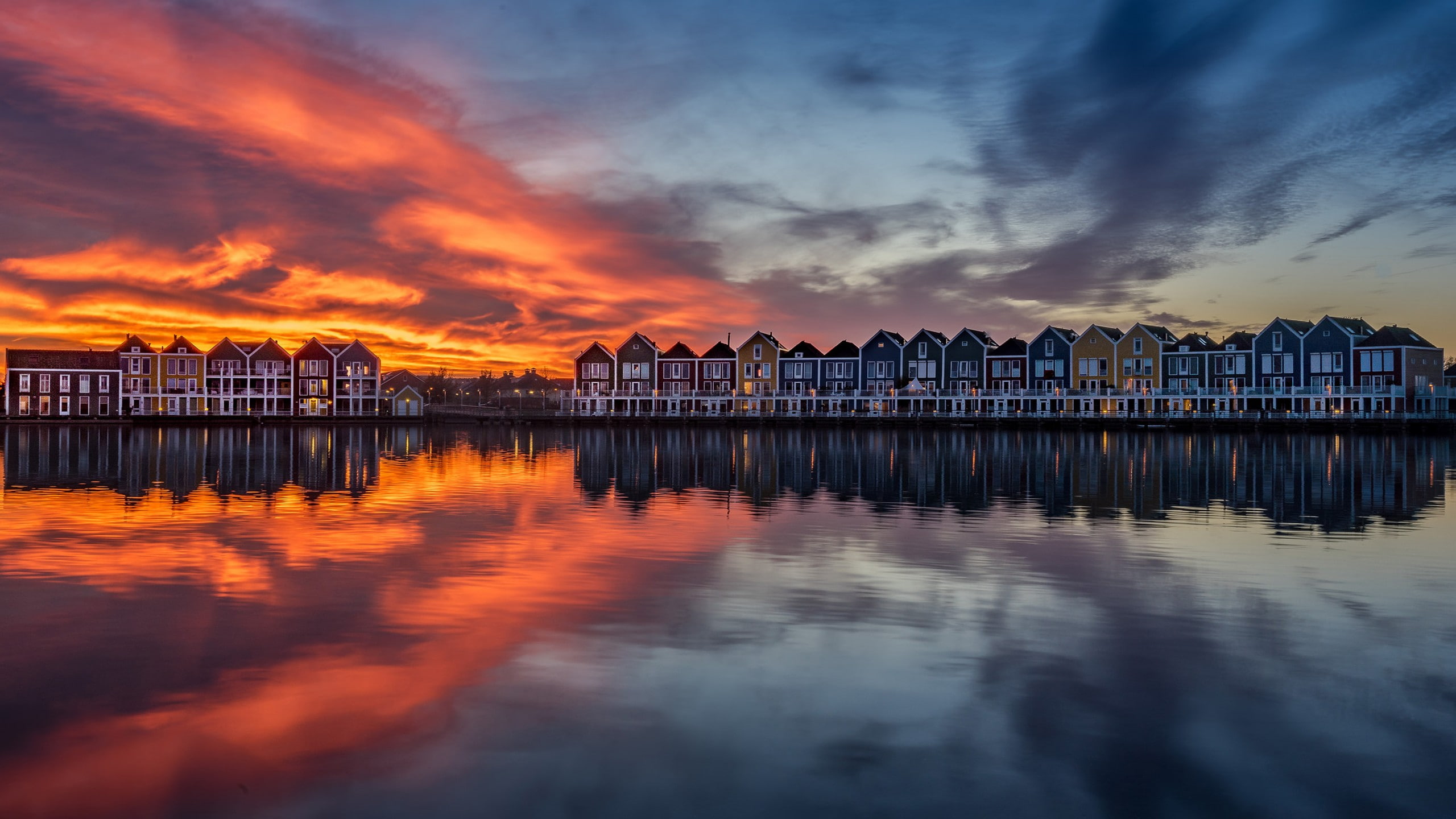 sunset, water, Amsterdam, 2K, Sun, reflection, Netherlands, building, HD Wallpaper