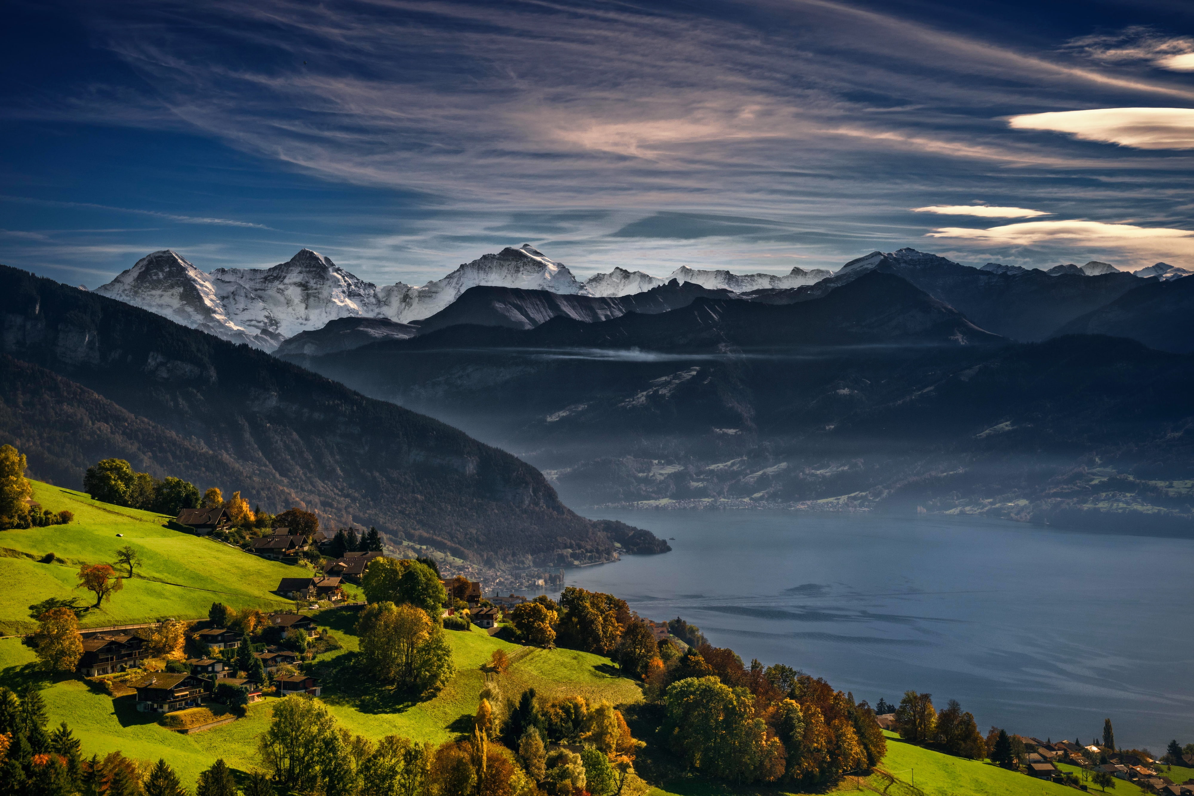 leafed, Thunersee, Switzerland, Alps, mountains, autumn, Swiss Alps, lake, green, Bernese Oberland, Lake Thun, 4K, trees, HD Wallpaper