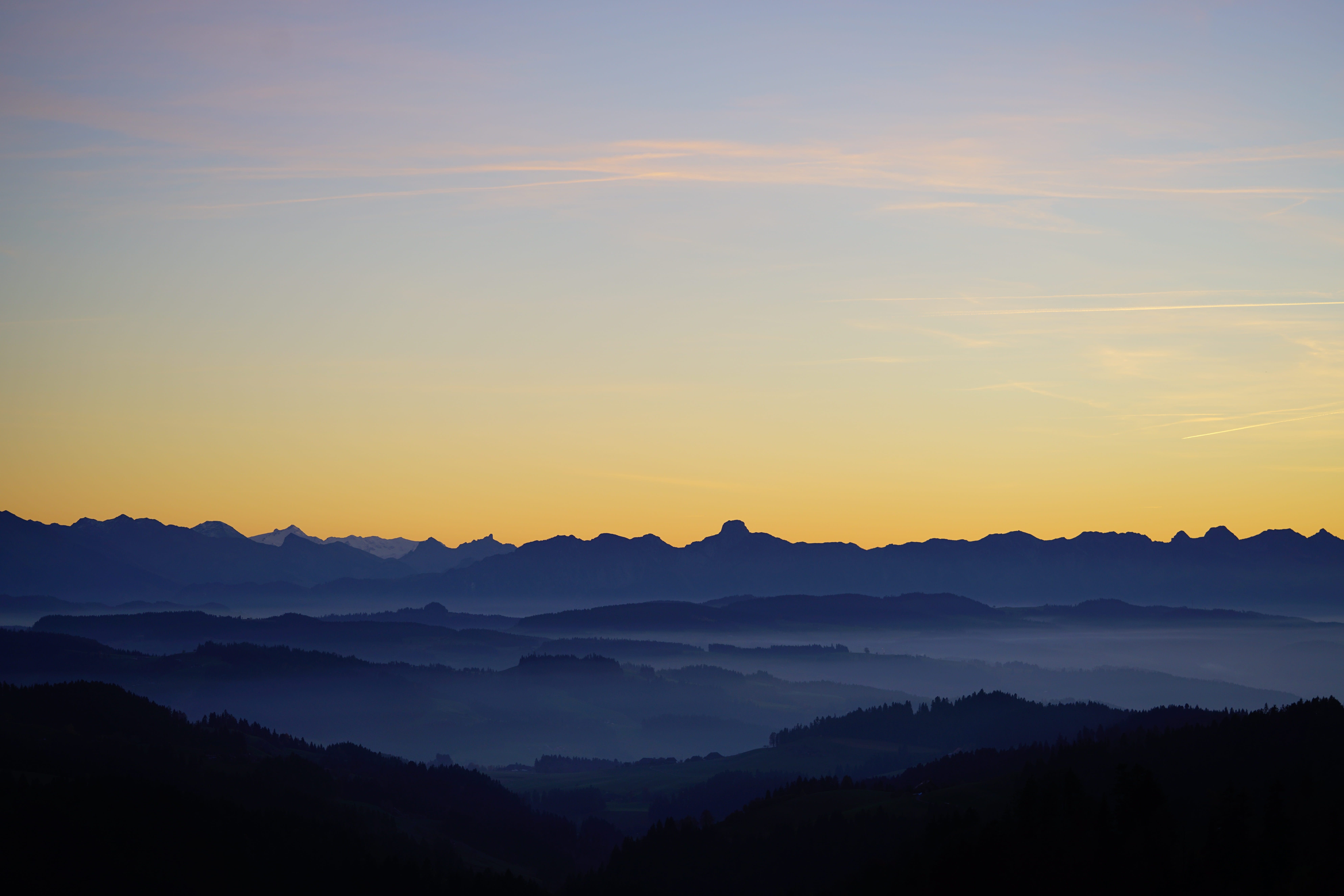 mountain, orange color, switzerland, no people, non-urban scene, alpine, sky, 8K, silhouette, abendstimmung, mountain range, tranquil scene, tranquility, HD Wallpaper
