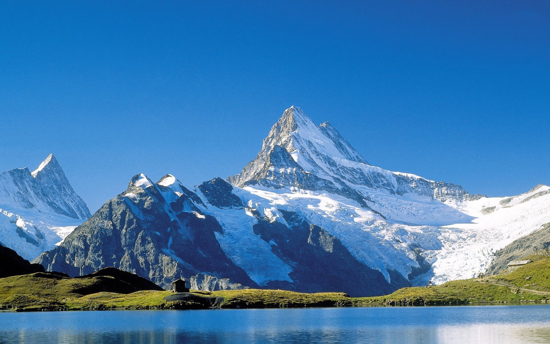 snow, mountain range, 1080P, cold temperature, scenics - nature, lake, water, alps, day, tranquility, oberland, sky, hd, mountain peak, clear sky, HD Wallpaper