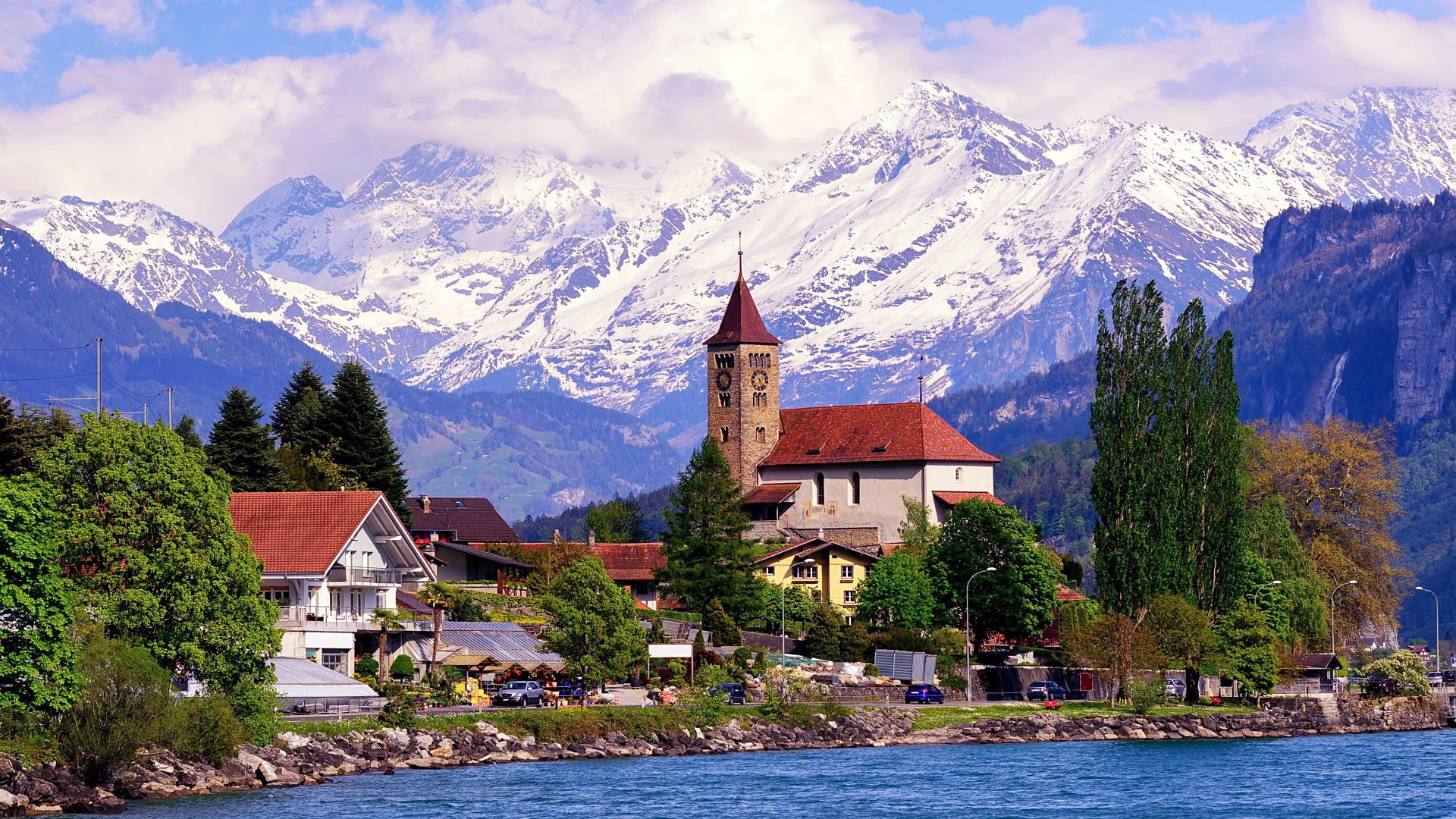 brienz, bernese oberland, bernese oberland region, mountain, europe, alps, 1080P, church, lake brienz, nature, lake, switzerland, cosy village, mountain village, HD Wallpaper