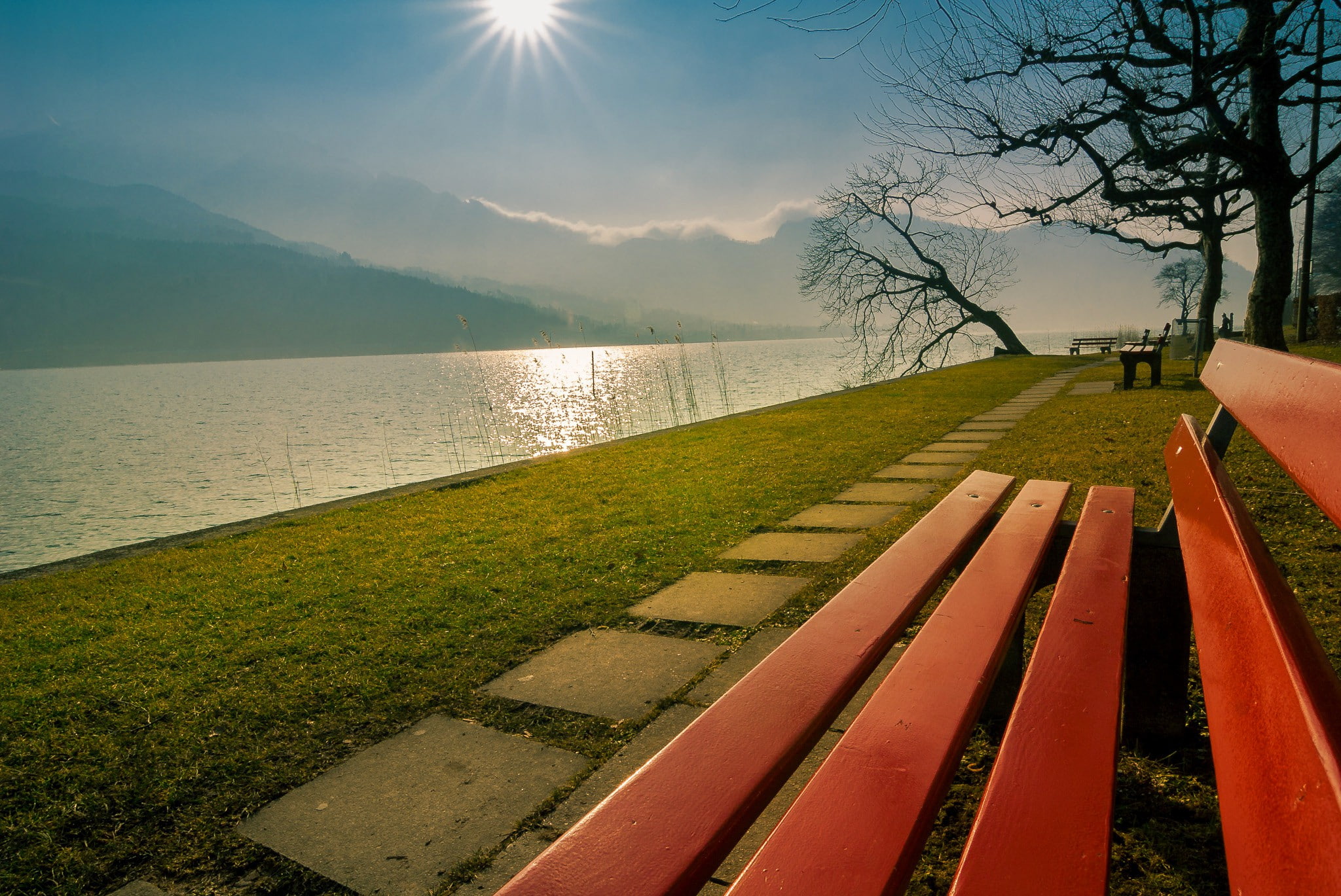 park, lucerne, red, 1080P, the mountains, lake, Lake Lucerne, wooden, the sun, Switzerland, bench, HD Wallpaper