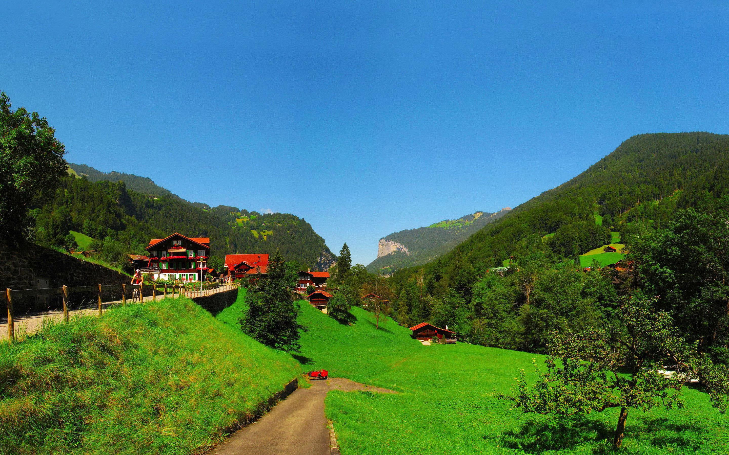 grass, europe, 2880x1800, mountains, switzerland, village, 2K, world, field, HD Wallpaper