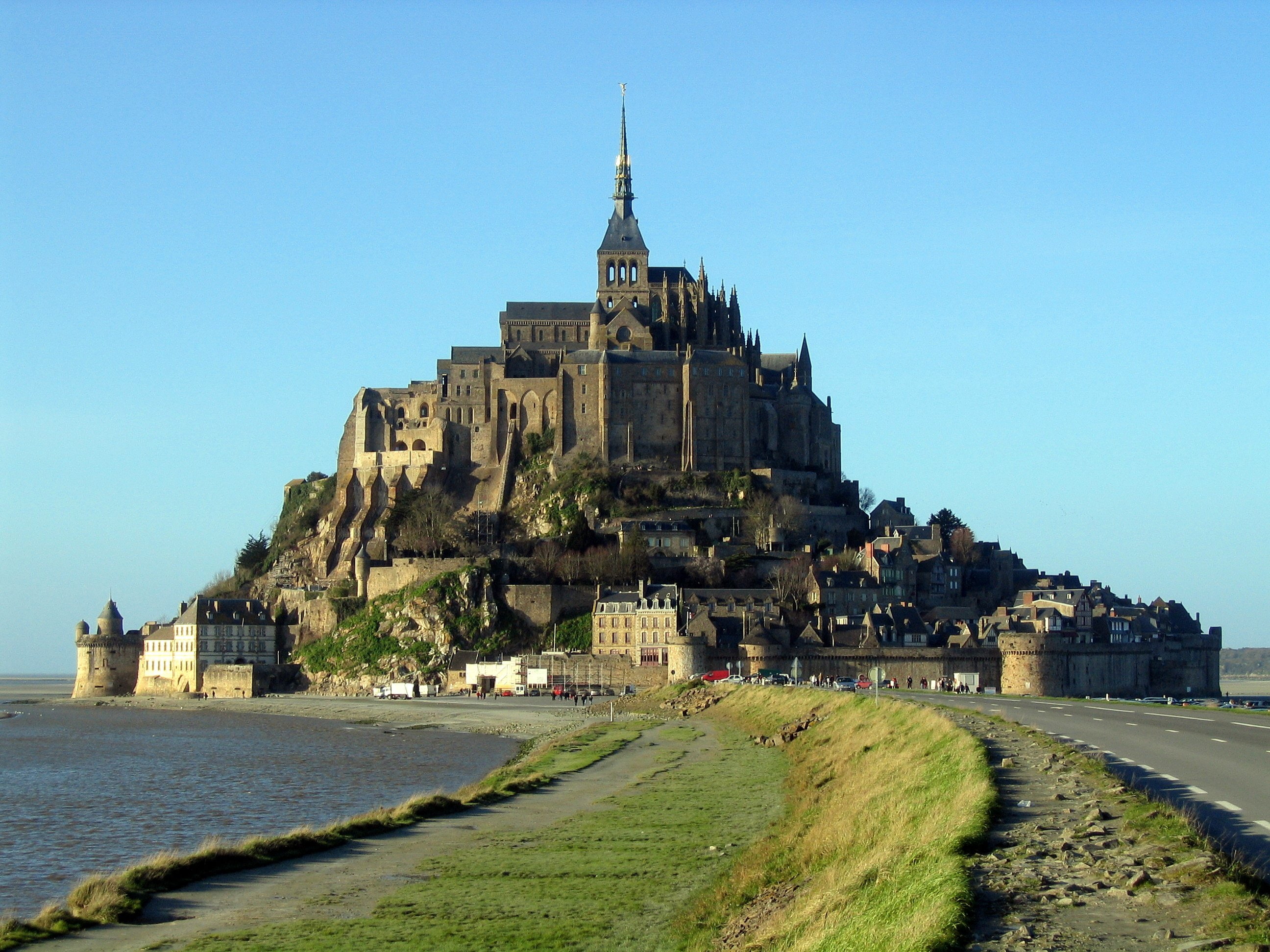 2K, castle, cathedral, mont, monastery, french, abbey, church, france, saint michel, saint, michel, HD Wallpaper