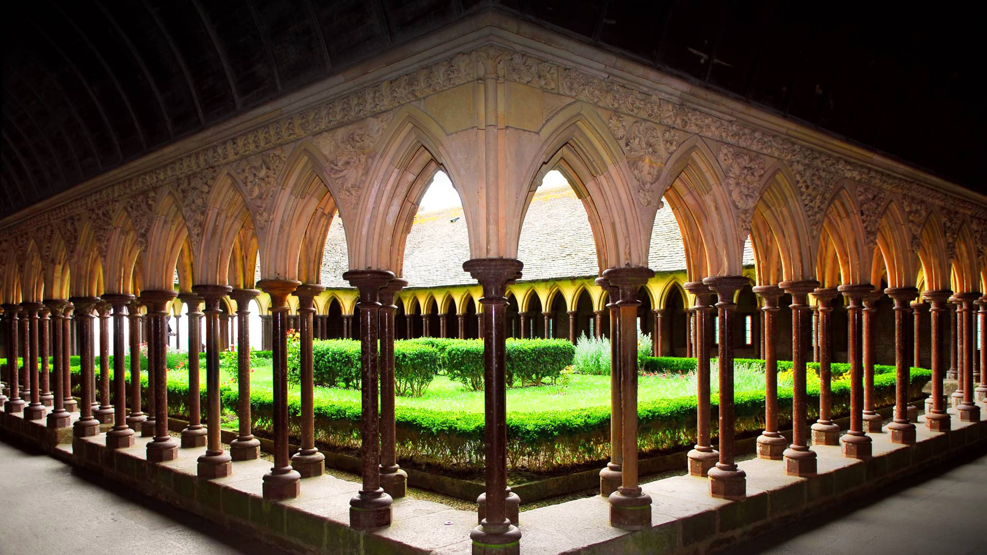 Normandy, the monastery, 1080P, France, yard, Abbey, Mont-Saint-Michel, garden, HD Wallpaper