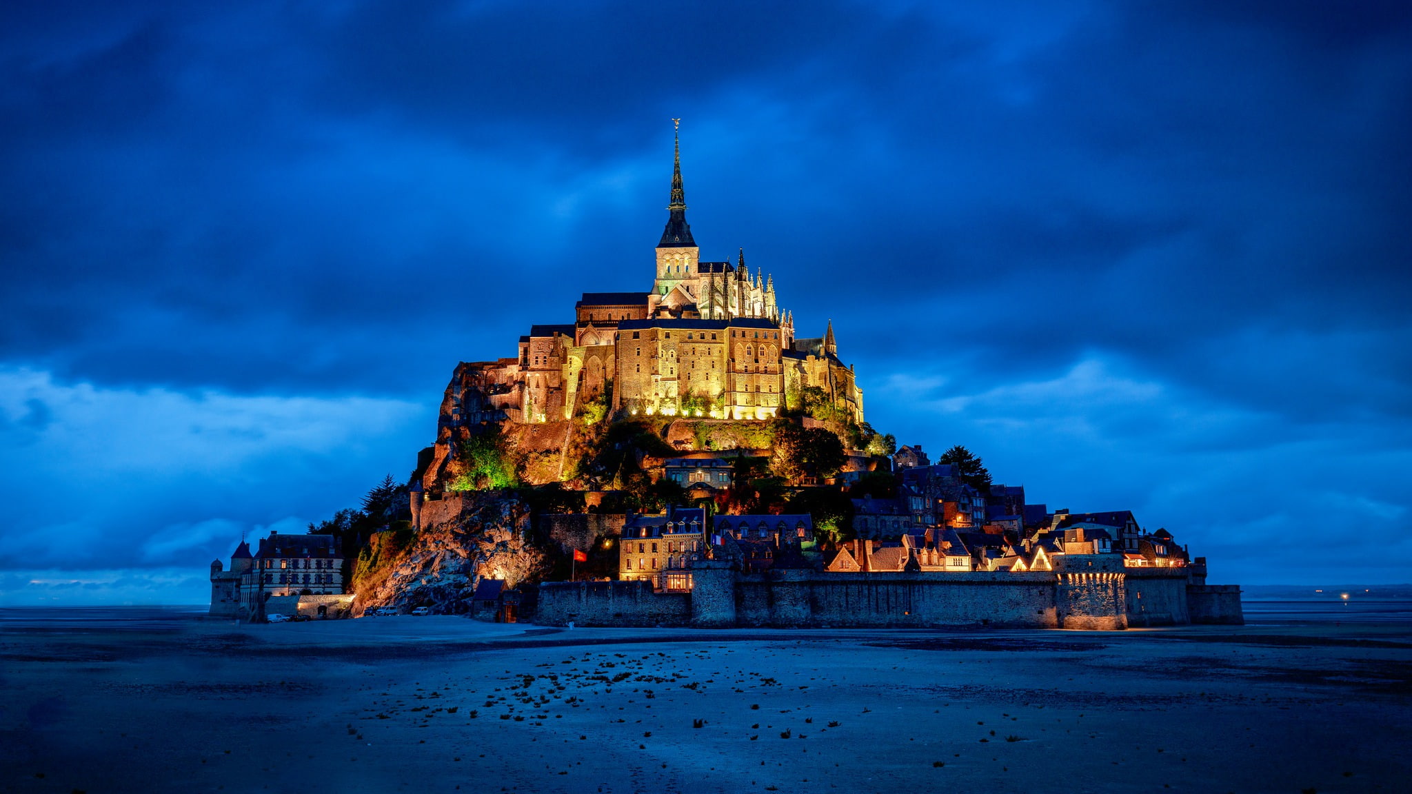 Religious, Blue, Night, Mont Saint-Michel, Monastery, France, 1080P, Building, HD Wallpaper