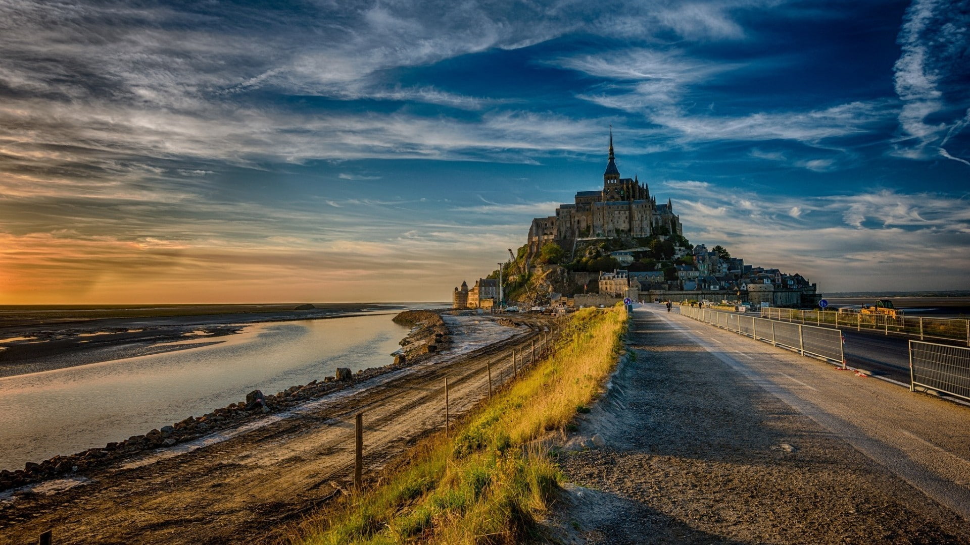 water, castle, clouds, road, 1080P, Mont Saint-Michel, HD Wallpaper