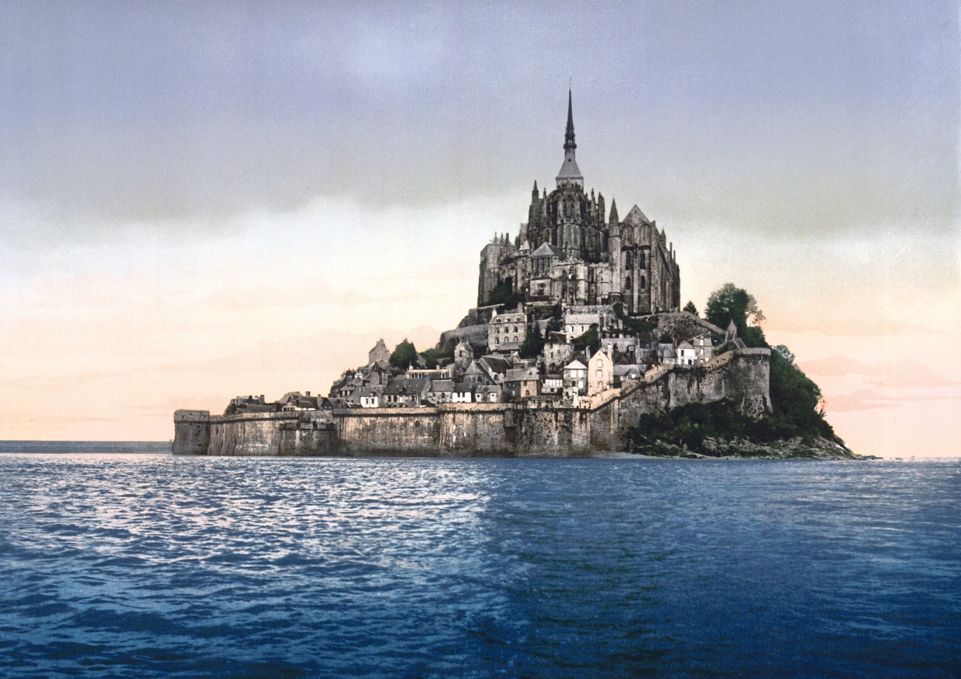 sea, scenics - nature, tourism, cloud - sky, cathedral, island, coastline, architecture, travel destinations, europe, monastery, brittany, abbey, built structure, HD Wallpaper