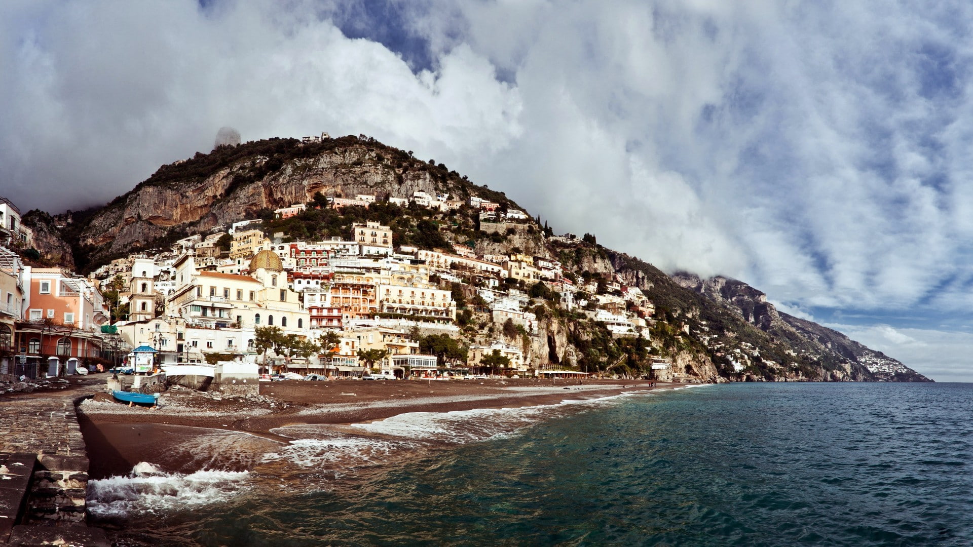sky, formation, water, built structure, building, land, nature, residential district, outdoors, Italy, cloud - sky, townscape, sea, Positano, no people, HD Wallpaper