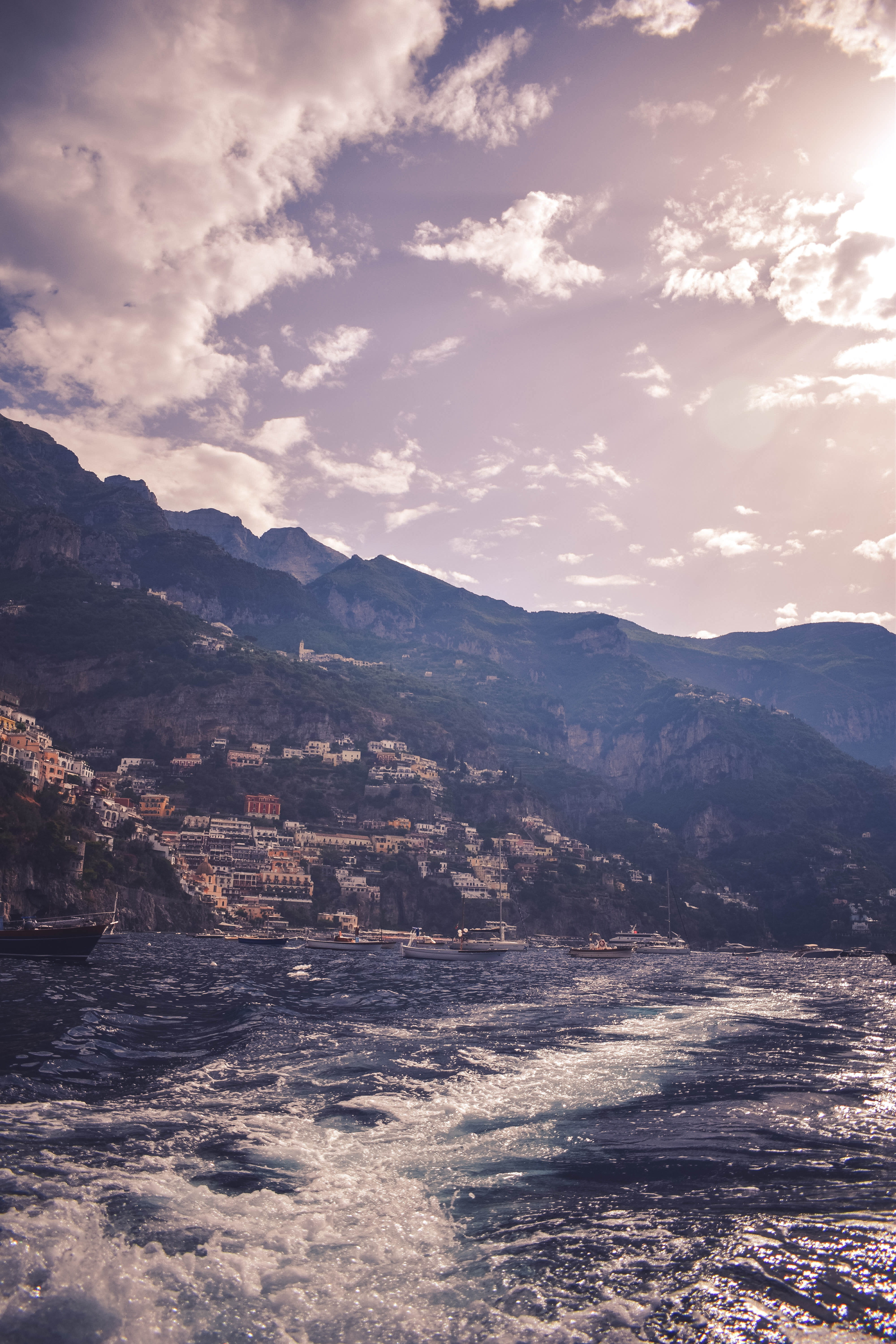 boat, outdoors, no people, mountain range, tranquil scene, scenics - nature, cloud - sky, mountain, idyllic, positano, sea, environment, 5K, tranquility, Phone HD Wallpaper
