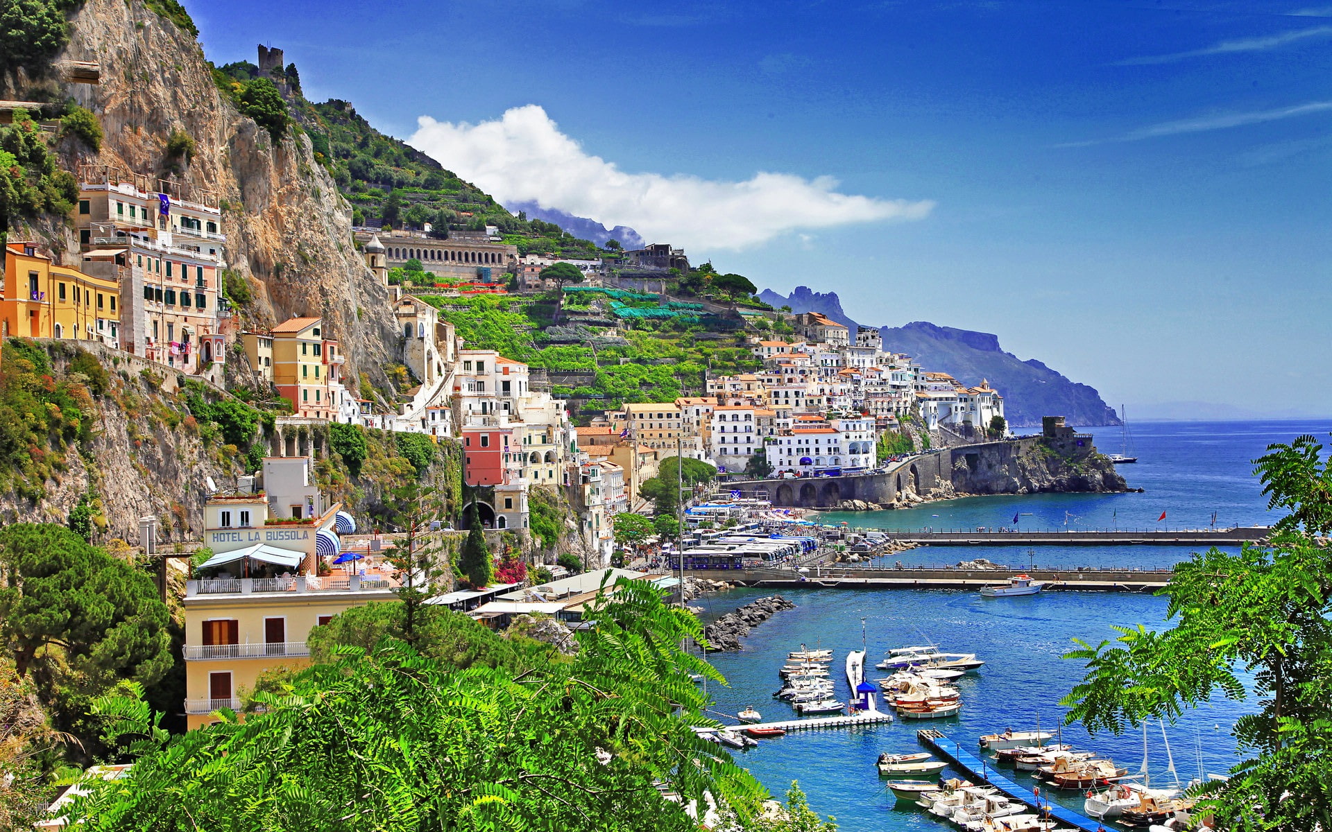 positano, no people, tree, outdoors, architecture, travel, sky, mountain, waterfront, building, building exterior, water, transportation, italy, HD Wallpaper