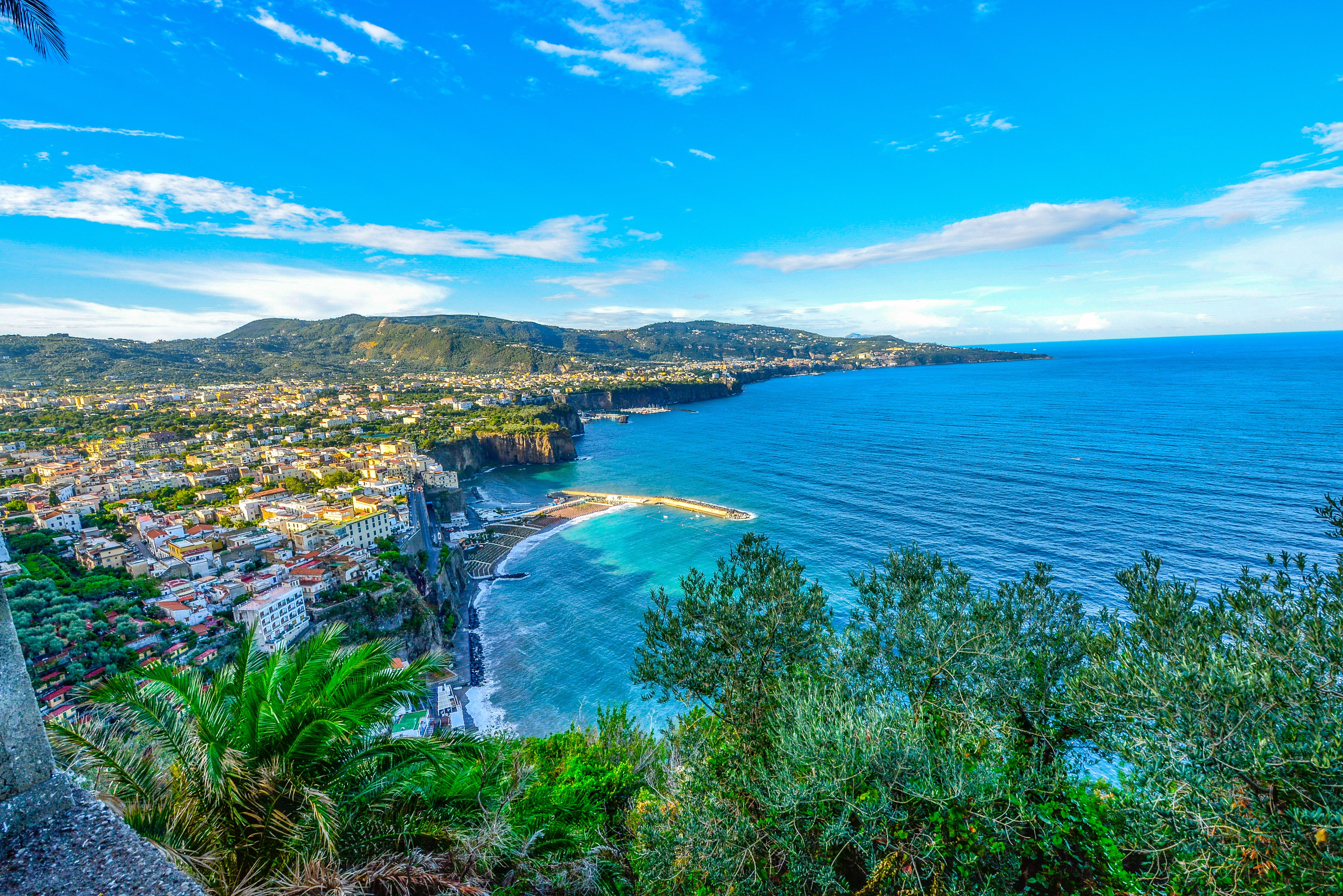 mediterranean Sea, journey, cloud - sky, travel, sorrento, tourism, sunny, hdr, seascape, city, nature, travel Destinations, aerial View, beauty In Nature, HD Wallpaper