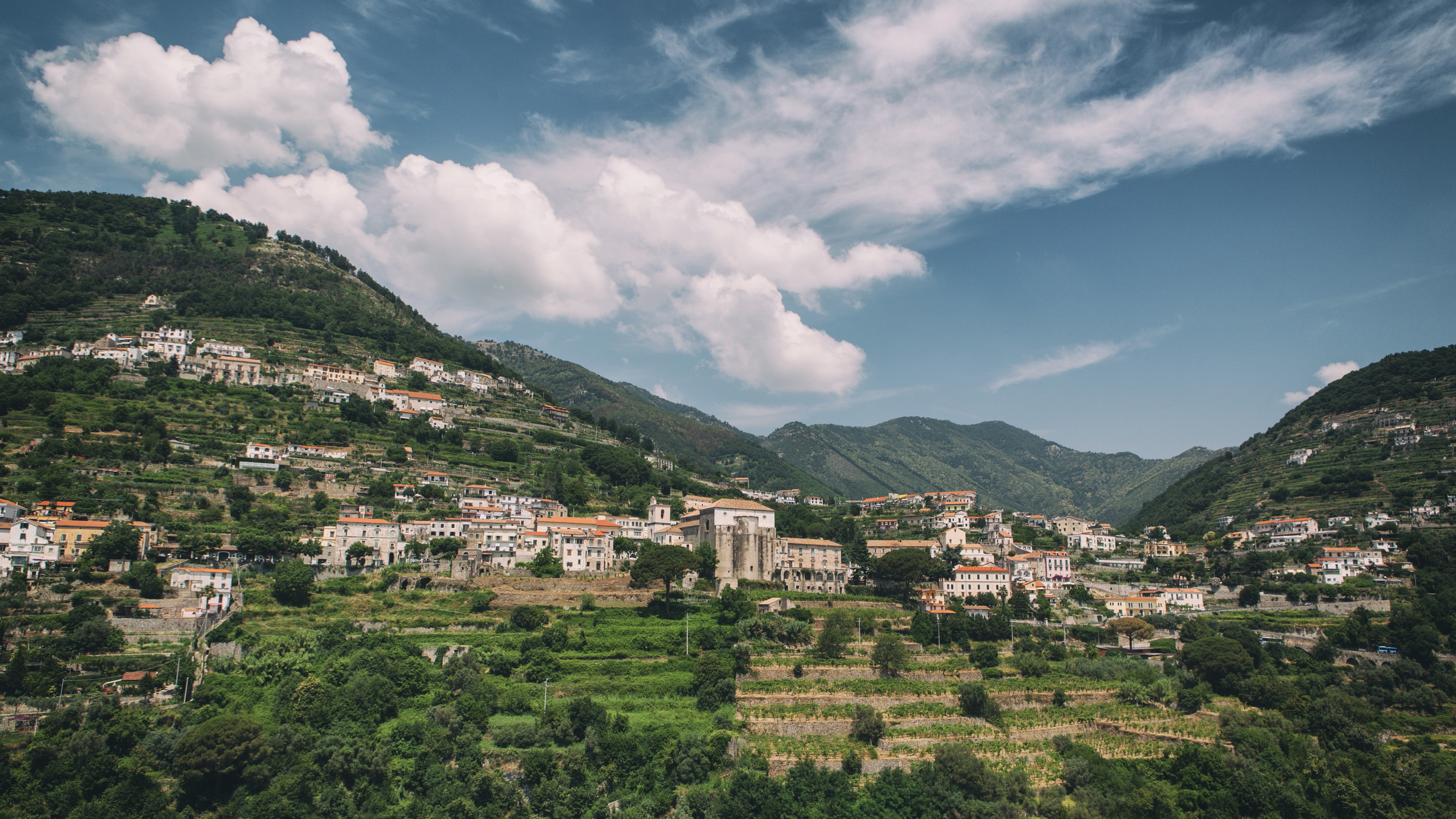 sky, 4K, Ravello, trees, 8k, 5k, Amalfi Coast, hills, Italy, HD Wallpaper