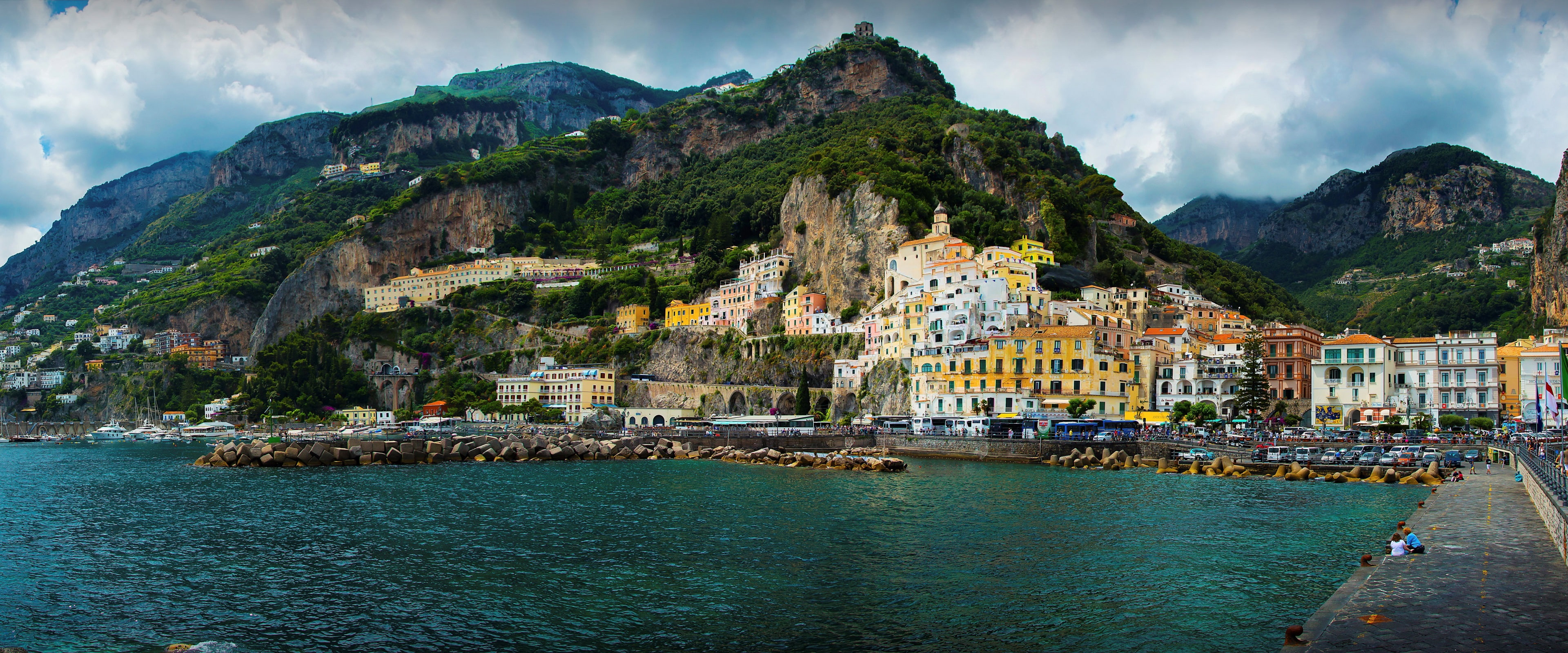 cloud - sky, harbor, mountain, architecture, travel, building, bay, nature, 4K, waterfront, water, turquoise colored, sea, no people, outdoors, built structure, HD Wallpaper