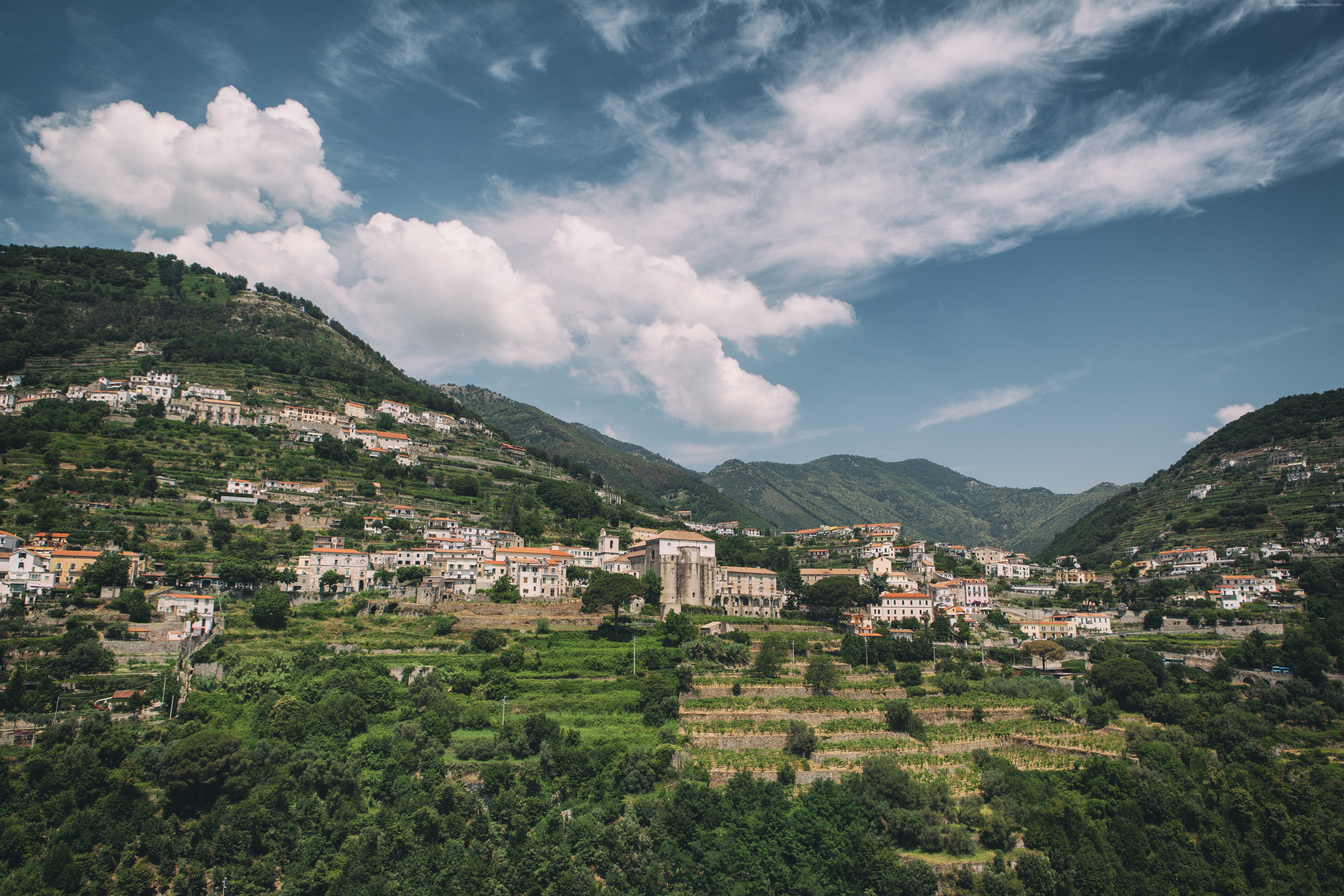 5k, Amalfi Coast, Ravello, sky, hills, 8k, trees, 4k, Italy, 4K, HD Wallpaper