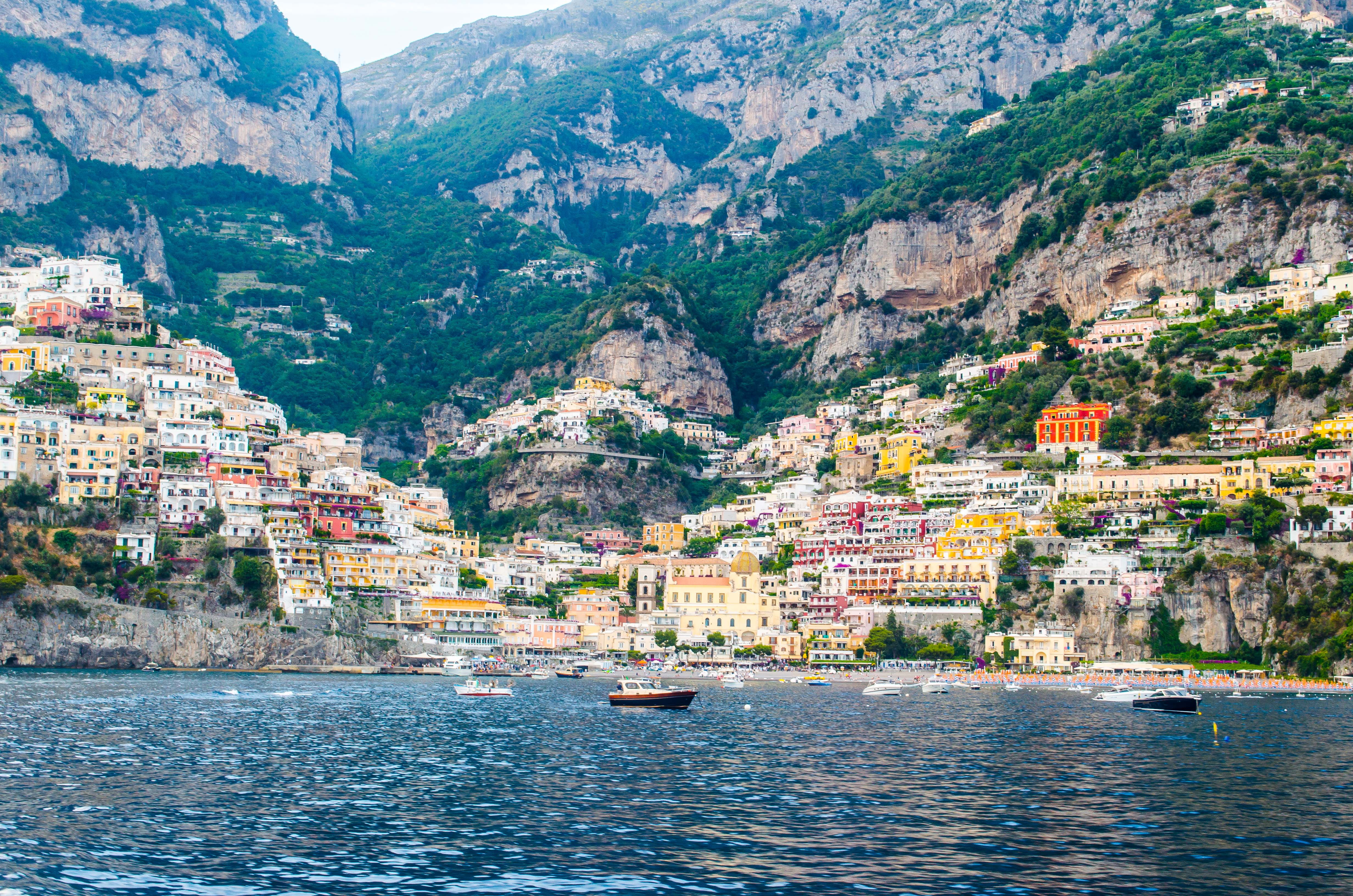 scenics - nature, coast, posetano, outdoors, day, view into land, ocean, nature, amalfi coast, townscape, colors, mode of transportation, no people, beauty in nature, HD Wallpaper