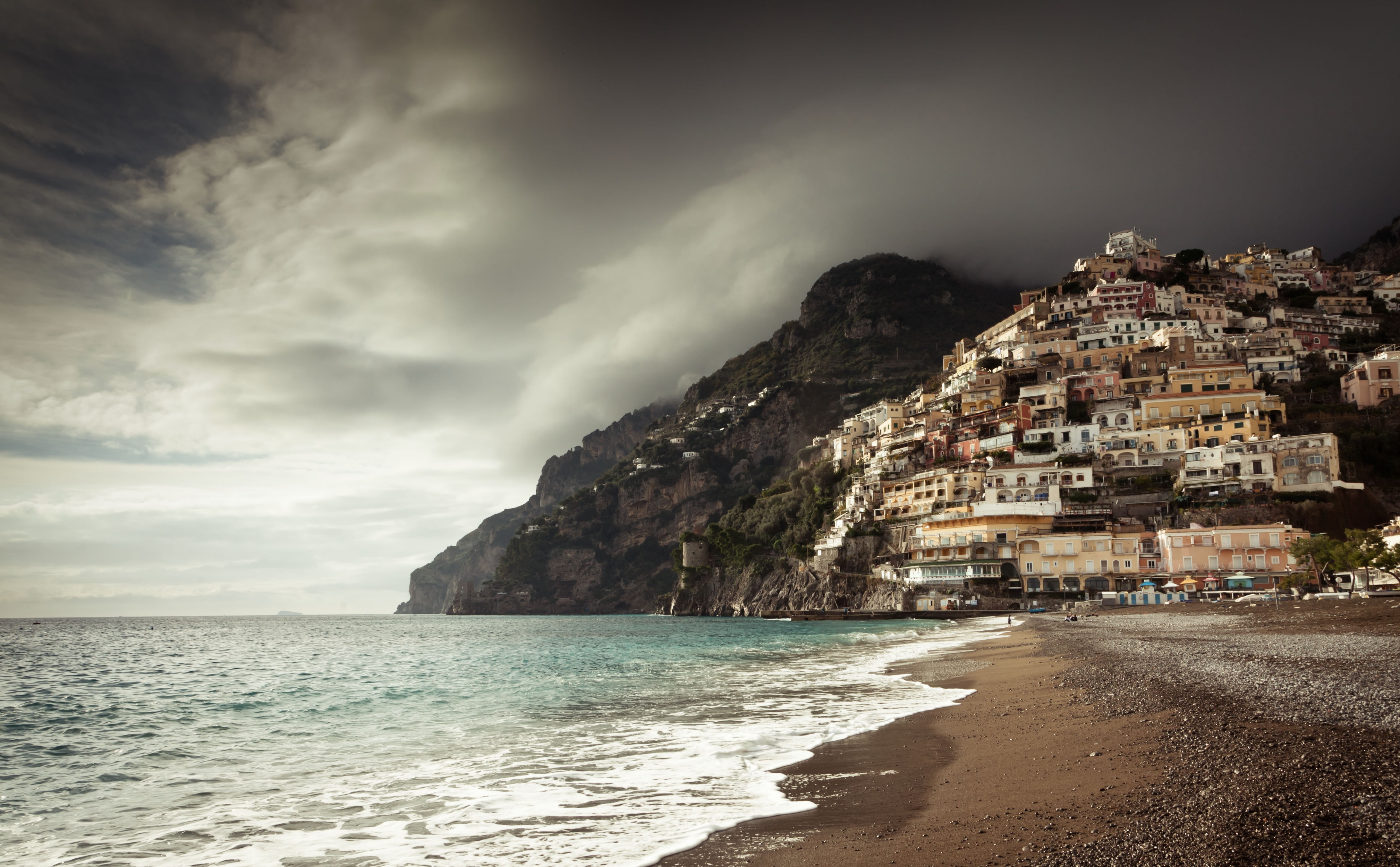 Southern, 5K, city, outdoors, cloud - sky, Sand, architecture, building exterior, horizon over water, Positano, Coast, Clouds, residential district, horizon, HD Wallpaper