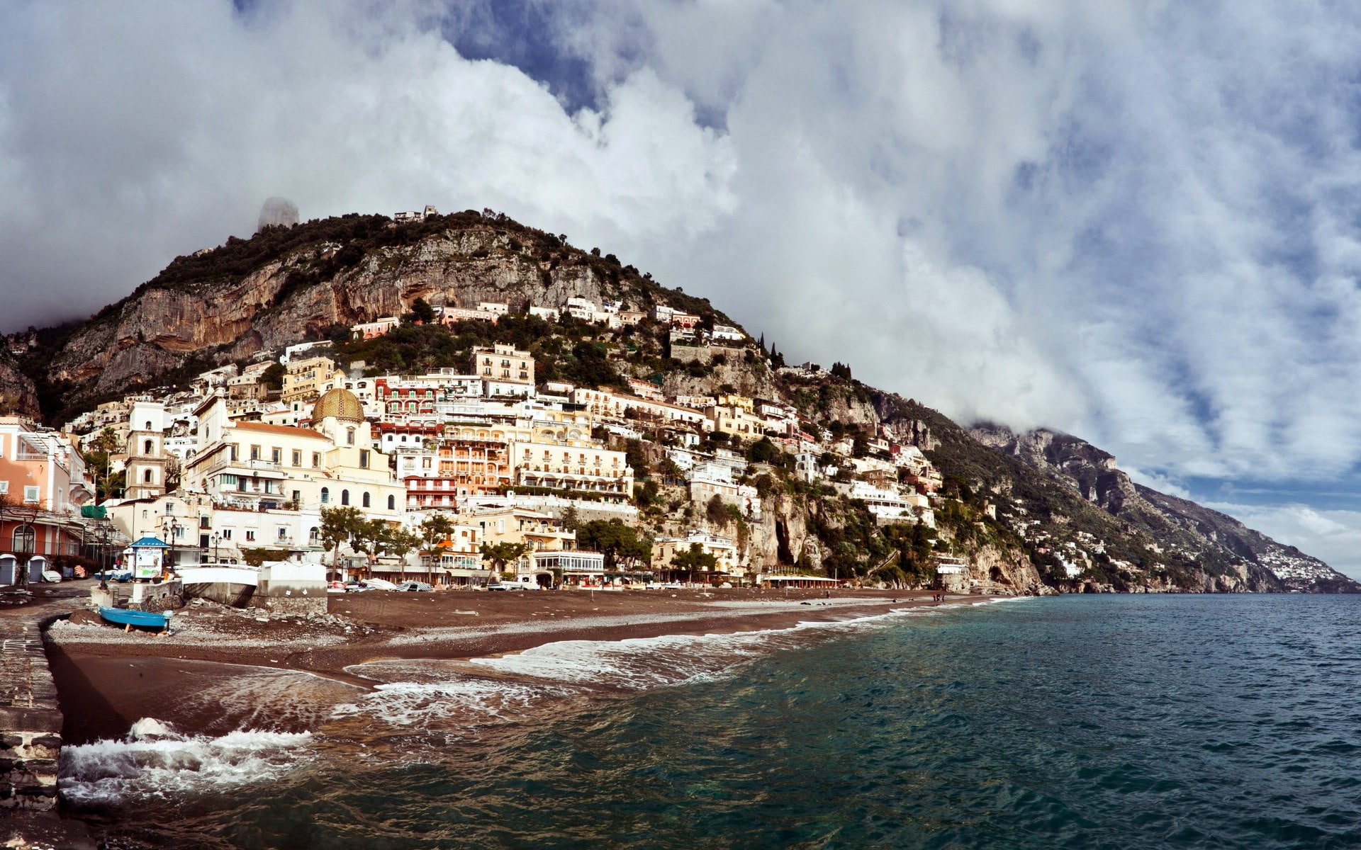 residential district, waterfront, outdoors, white, mountain, sea, no people, 1080P, landscape, positano, houses, cloud - sky, built structure, land, beach, HD Wallpaper
