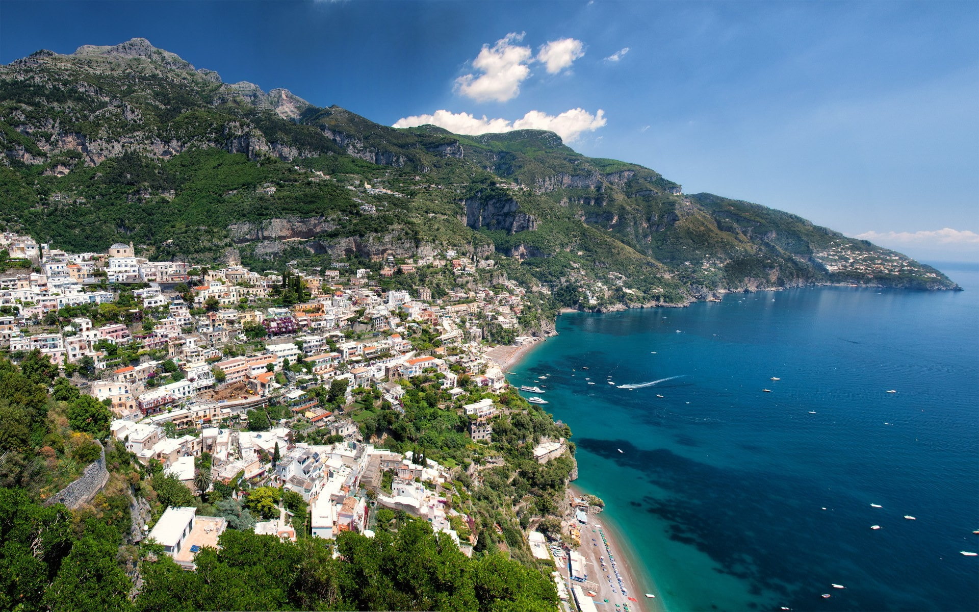 waterfront, photos, sea, high angle view, positano, trees, tree, plant, no people, landscape, sky, nature, built structure, building exterior, green, water, HD Wallpaper