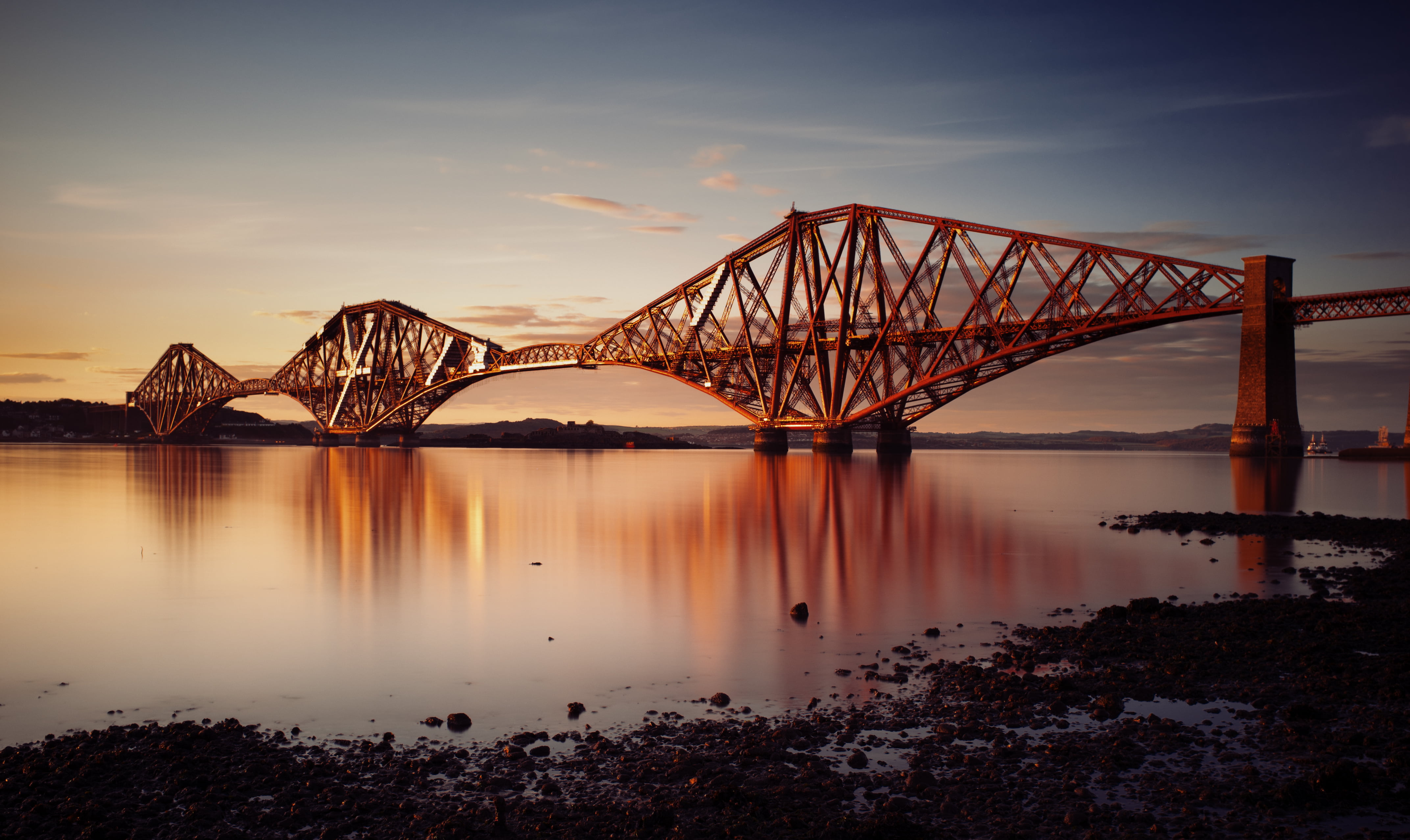Scotland, daytime, water, Forth Rail Bridge, Filter, architecture, river, metal, B+W, Fujifilm  X100, photo, night, sunset, Edinburgh, bridge - Man Made Structure, HD Wallpaper