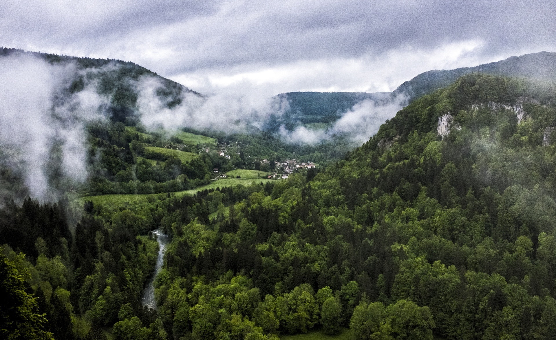 outdoors, doubs, non-urban scene, tranquil scene, goumois, Fuji, clouds, environment, nature, plant, foliage, day, valley, Mountain, x100s, Switzerland, HD Wallpaper