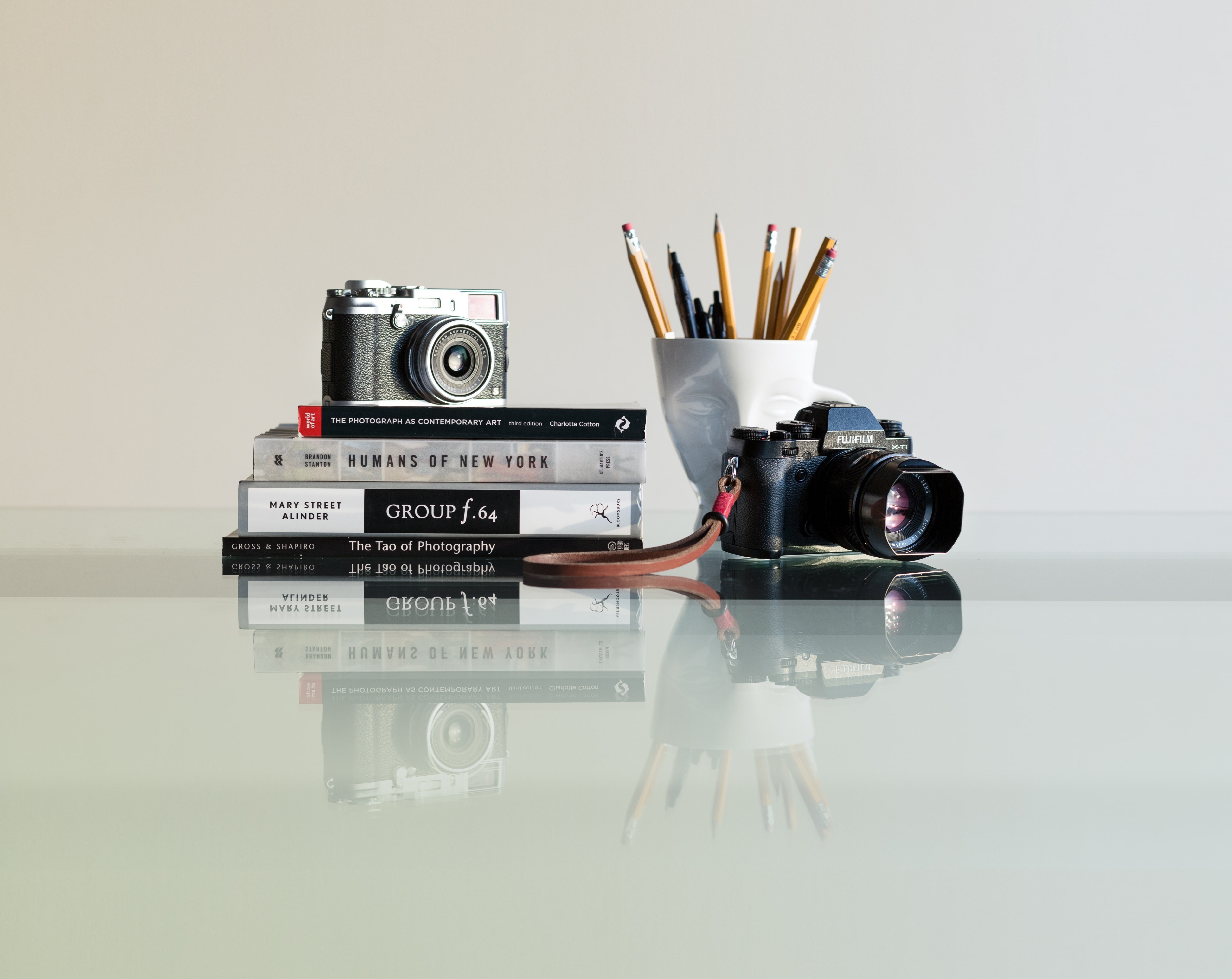 multi colored, desk organizer, 5K, stilllife, black, communication, x100s, variation, camera - photographic equipment, creativity, camera, Vintage, books, HD Wallpaper
