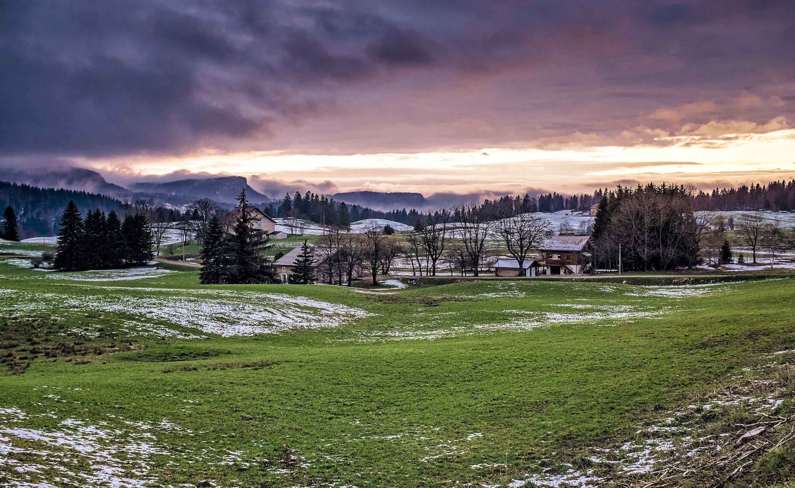 Green, outdoors, x100s, Clouds, Snow, tranquil scene, scenics - nature, field, 2K, sky, land, taking, Switzerland, tranquility, Sunset, nature, Mountain, HD Wallpaper