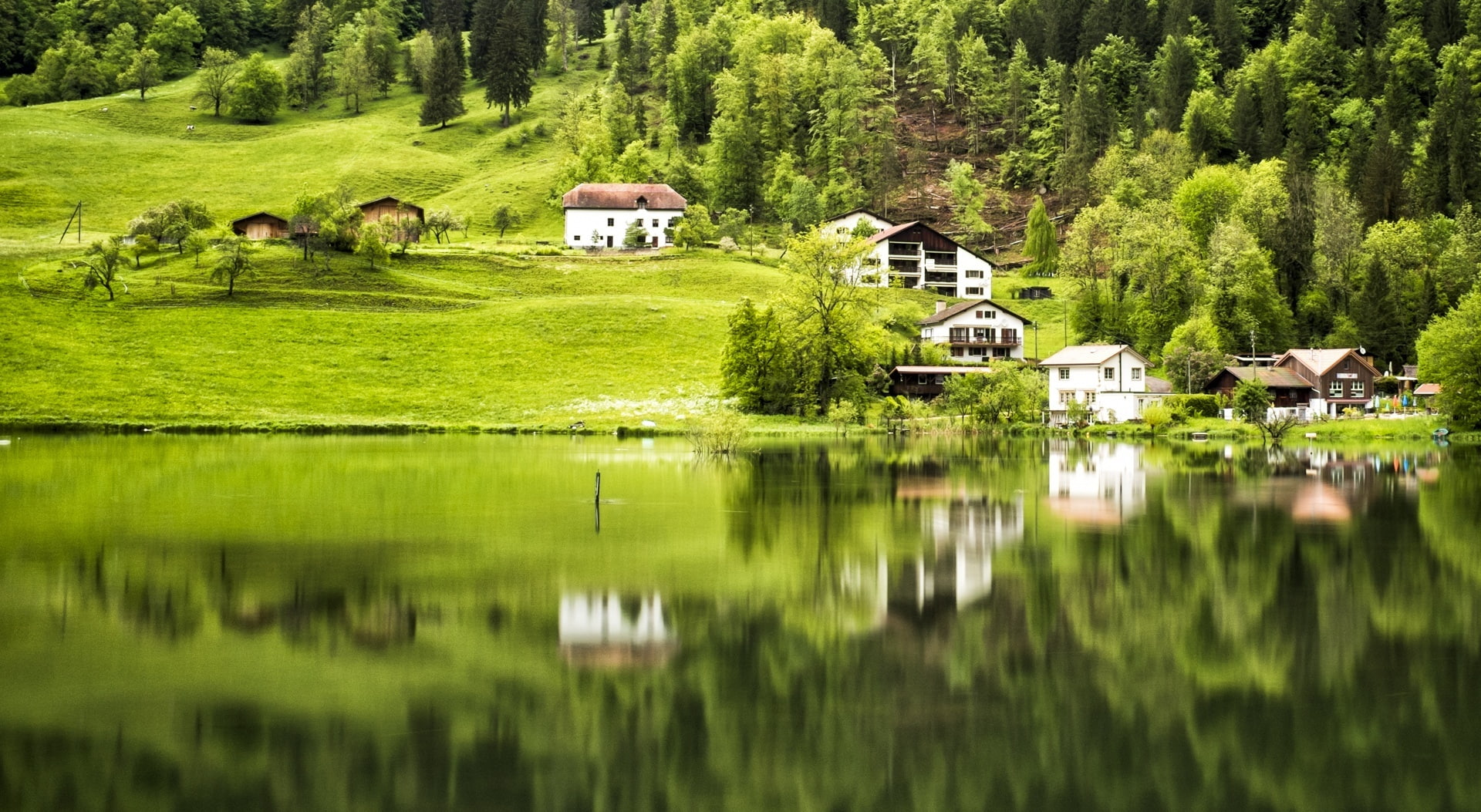 green color, building, lake, outdoors, scenics - nature, France, built structure, tranquil scene, building exterior, no people, waterfront, Tree, house, HD Wallpaper