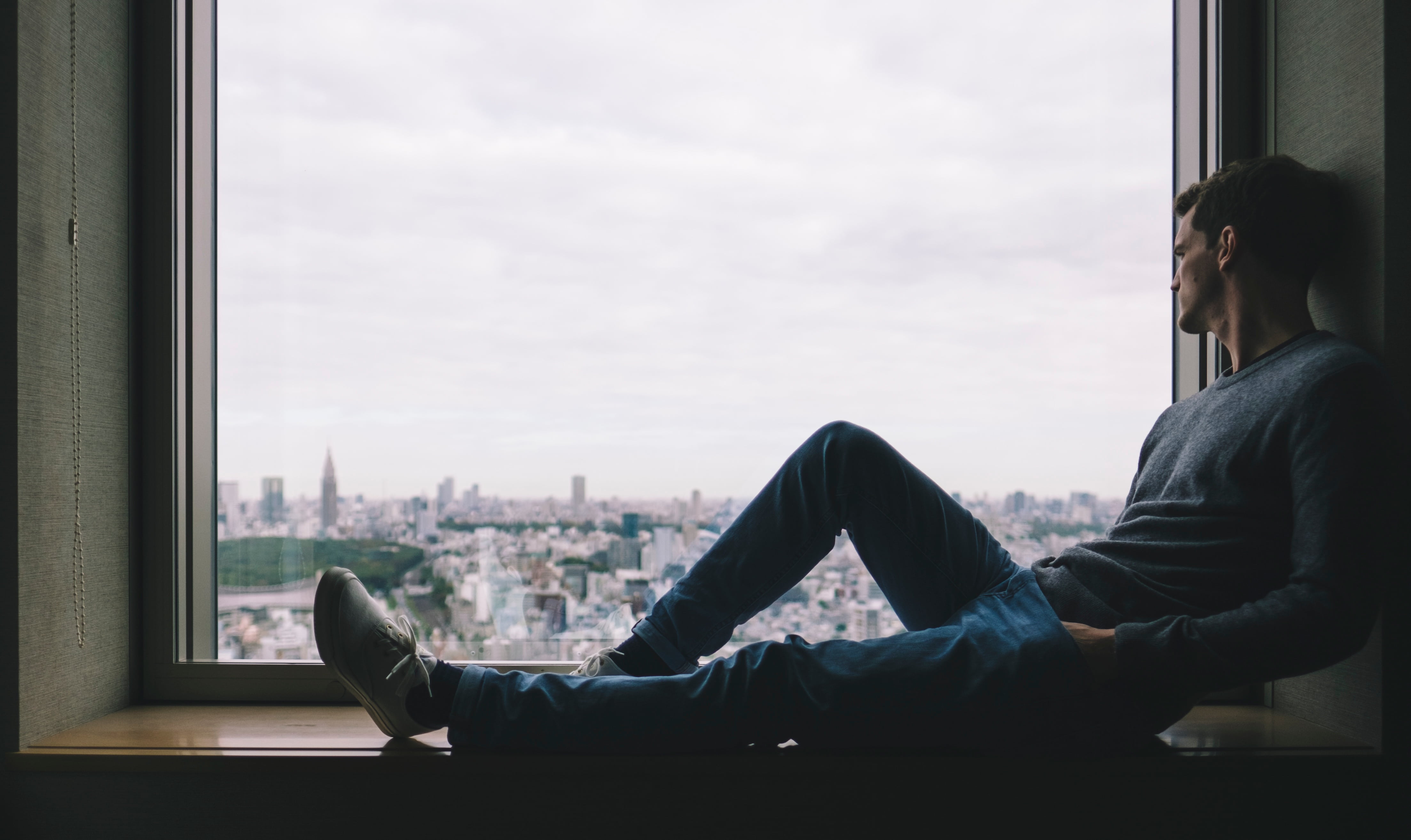 model, man, one person, transportation, fashion, looking through window, clouds, near, relaxation, 4K, architecture, hunk, day, sitting, thinking, leisure activity, HD Wallpaper