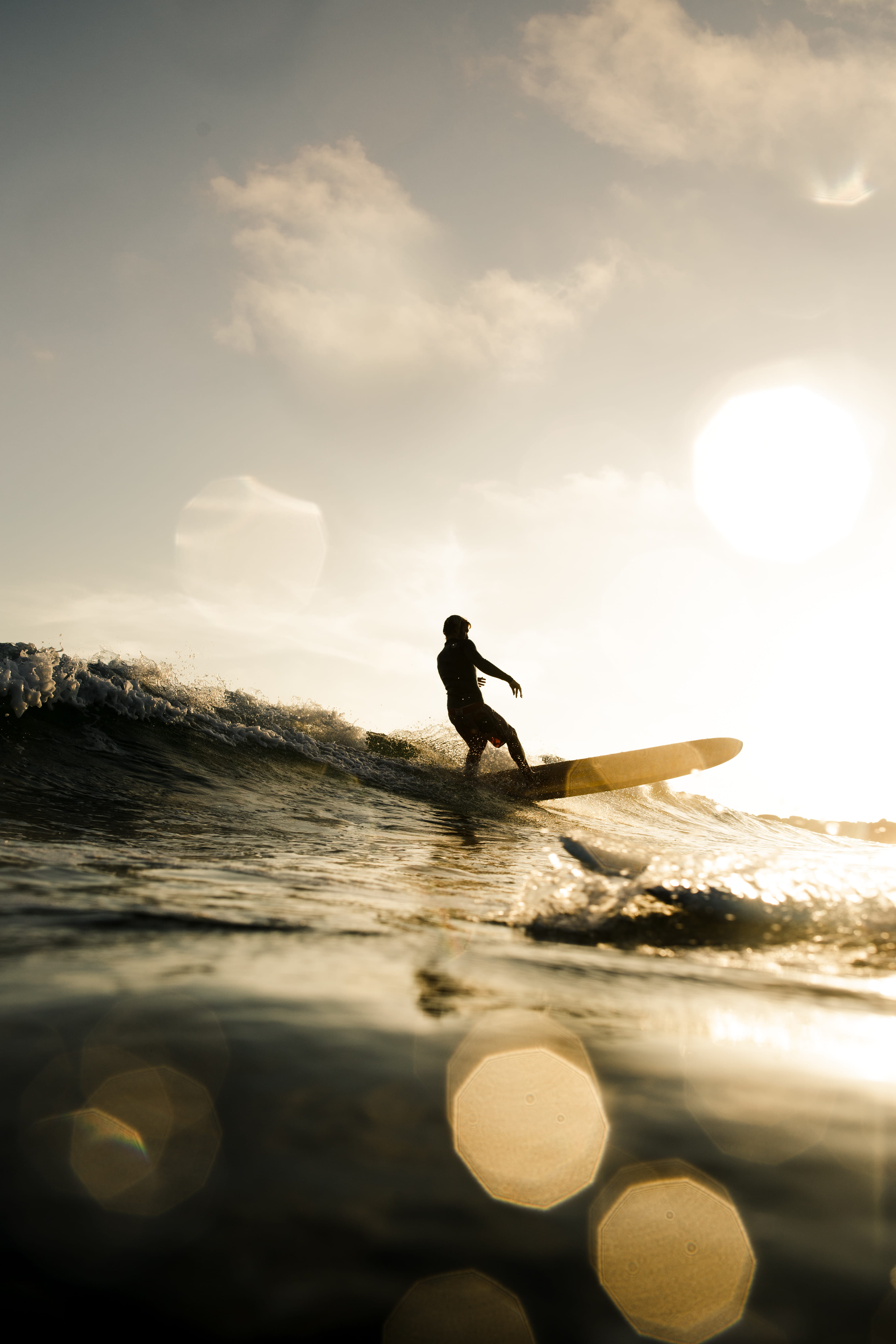 surfboard, one Person, longboard, surf, sun, sky, dusk, sea, wave, extreme Sports, leisure Activity, outdoors, vacations, 5K, tropical Climate, nature, Phone HD Wallpaper