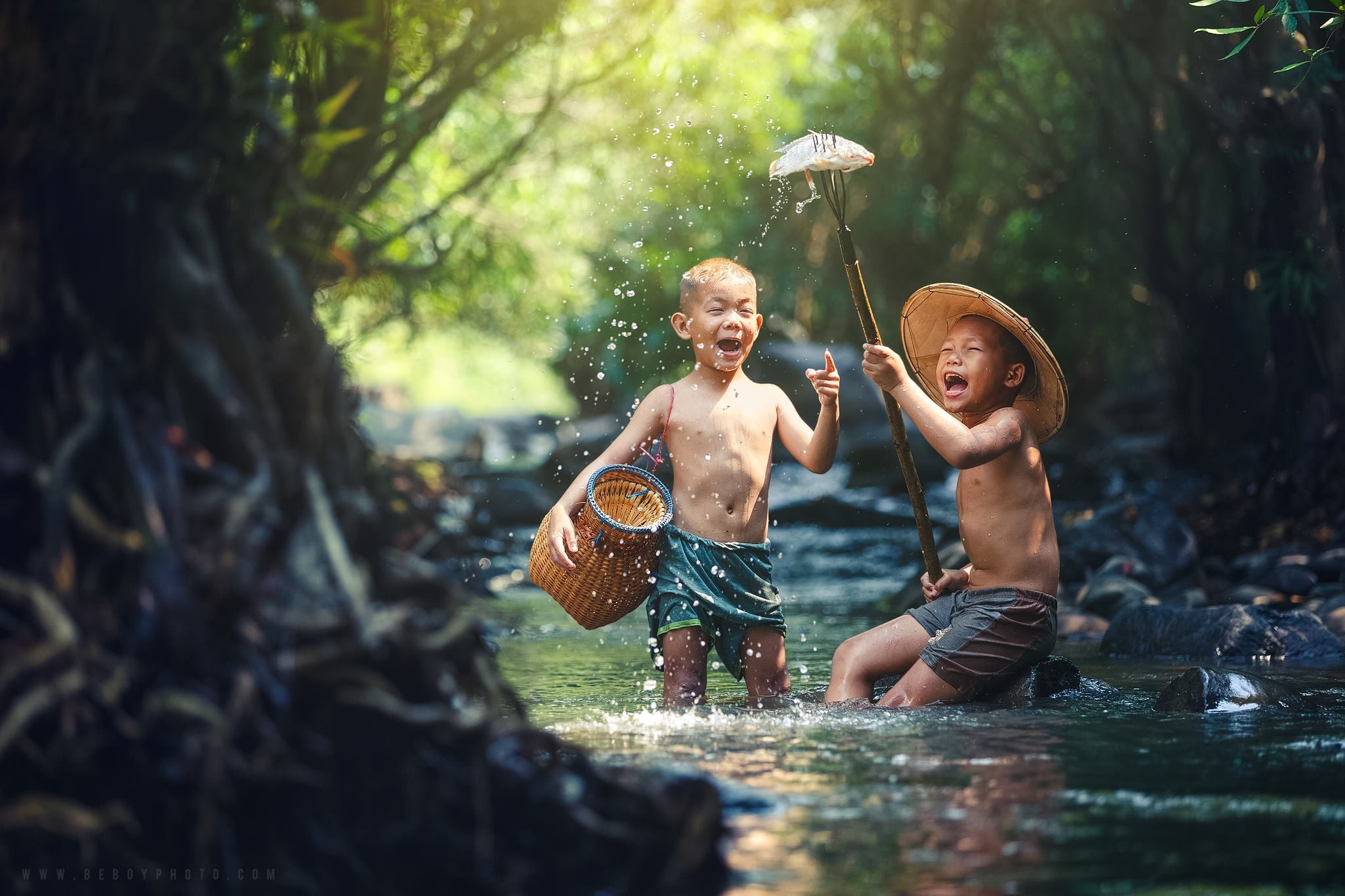play, Thailand, rocks, fishing, shorts, fish, children, river, 1080P, water, HD Wallpaper