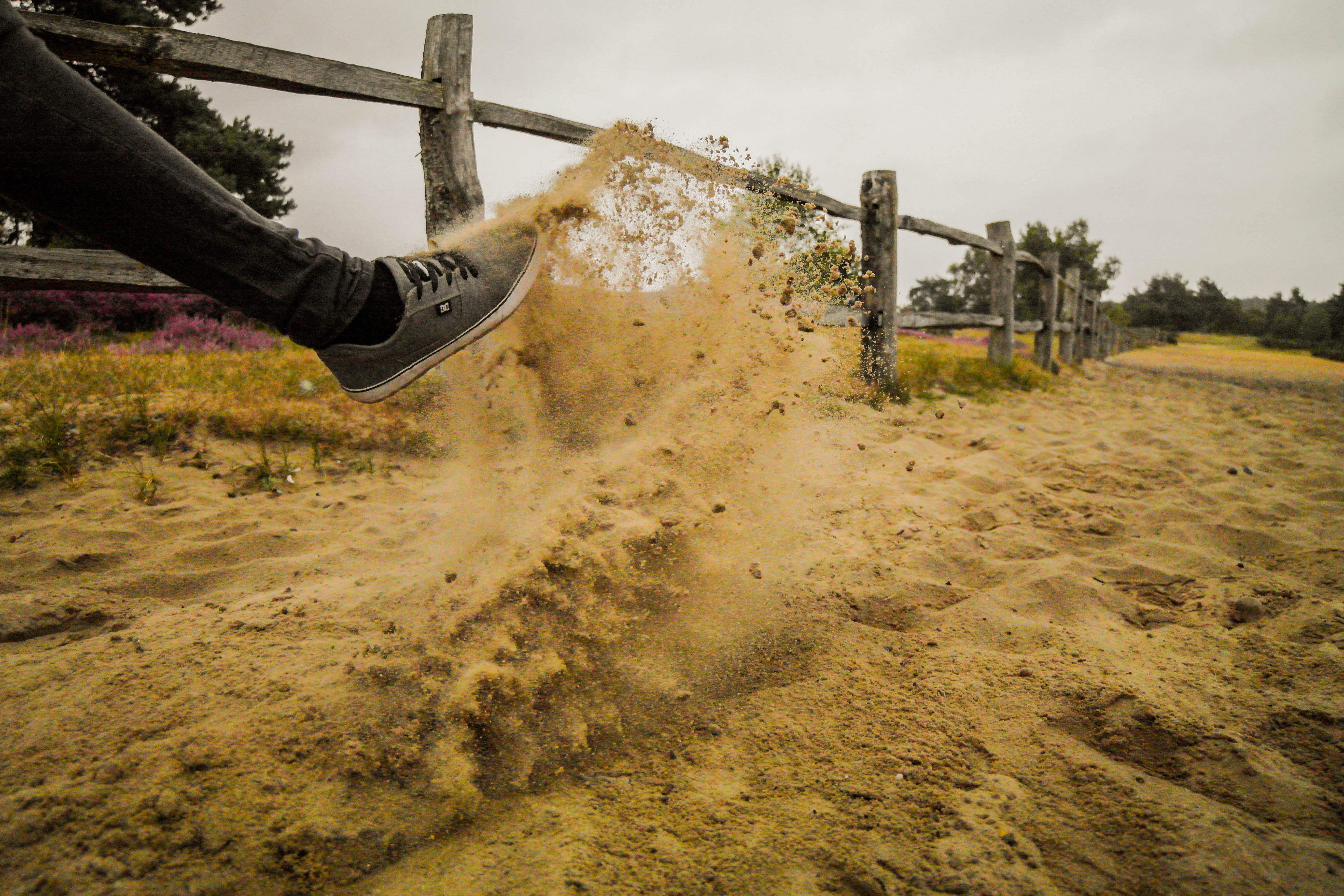 sand, metal, nature, sky, water, railing, churt, foot, 5K, day, tree, person, one person, architecture, outdoor play equipment, lavender, fence, dirt, HD Wallpaper