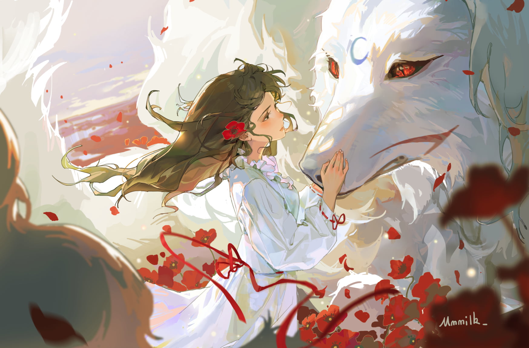 ribbons, brunette, red eyes, sky, flowers, petals, 720P, poppies, anime girls, Sesshomaru, clouds, wolf, flower in hair, Inuyasha, anime, long hair, HD Wallpaper