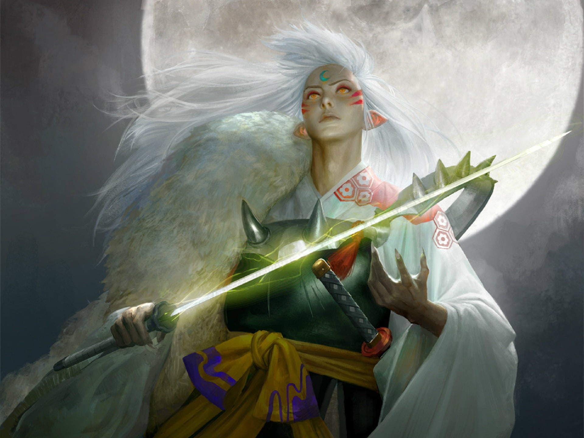 Sesshomaru, Sangsoo Jeong, art, armor, the full moon, katana, long white hair, 1080P, the demon, lights, night, Inuyasha, looking up, HD Wallpaper