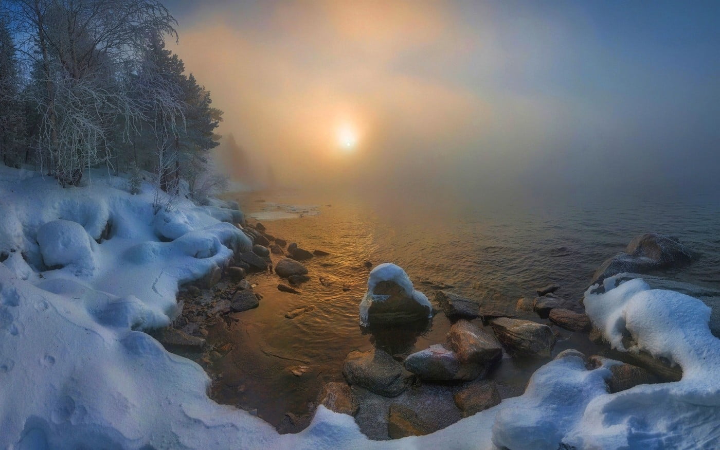 winter, snow, 720P, brown, land, beauty in nature, tank, tranquility, no people, black, tranquil scene, sky, outdoors, sun, landscape, frozen, water, fish, HD Wallpaper