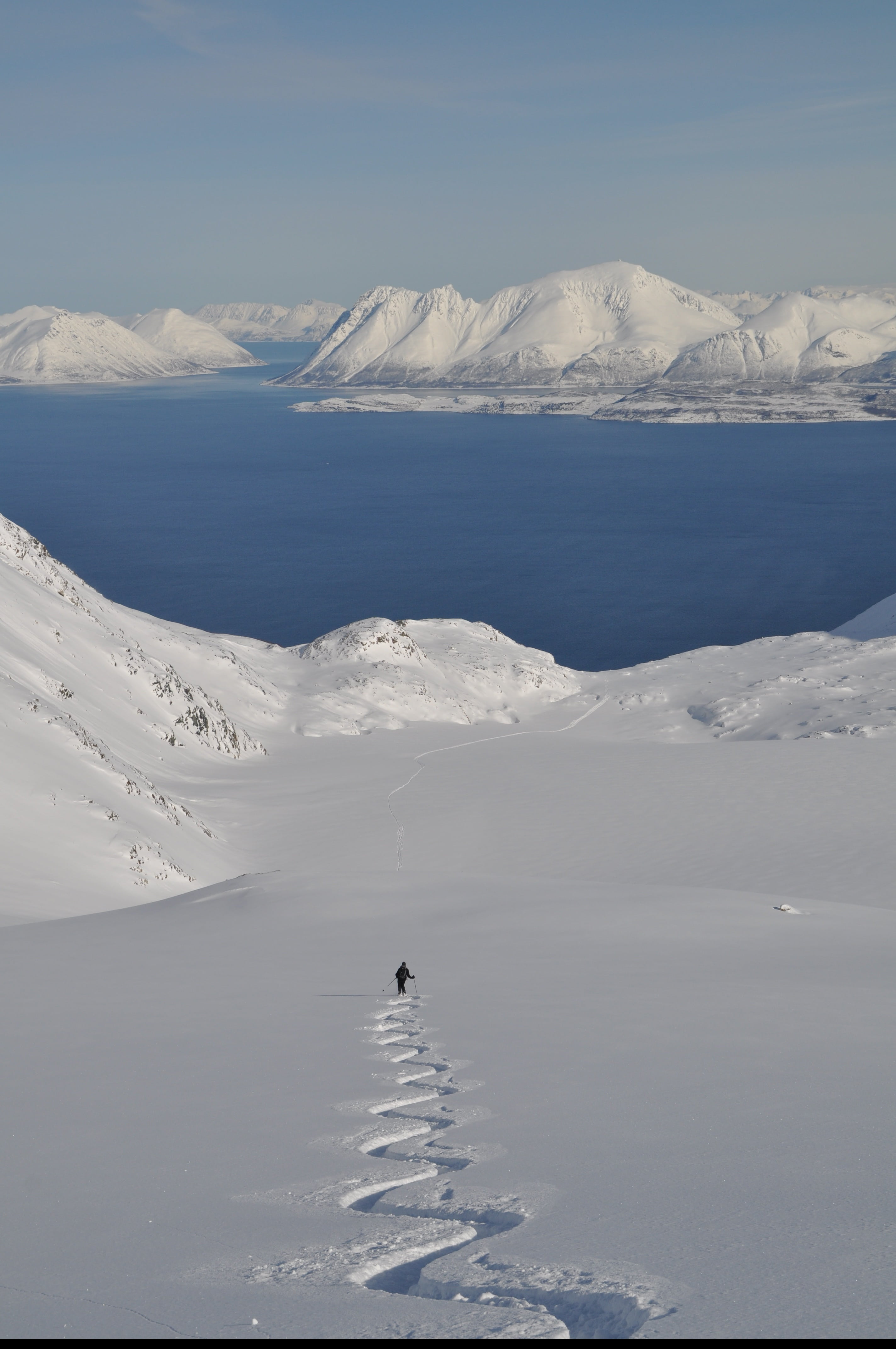 touring skis, norway, day, snowcapped mountain, water, beauty in nature, lyngen, tranquil scene, sky, ski, mountain, non-urban scene, tranquility, frozen, Phone HD Wallpaper