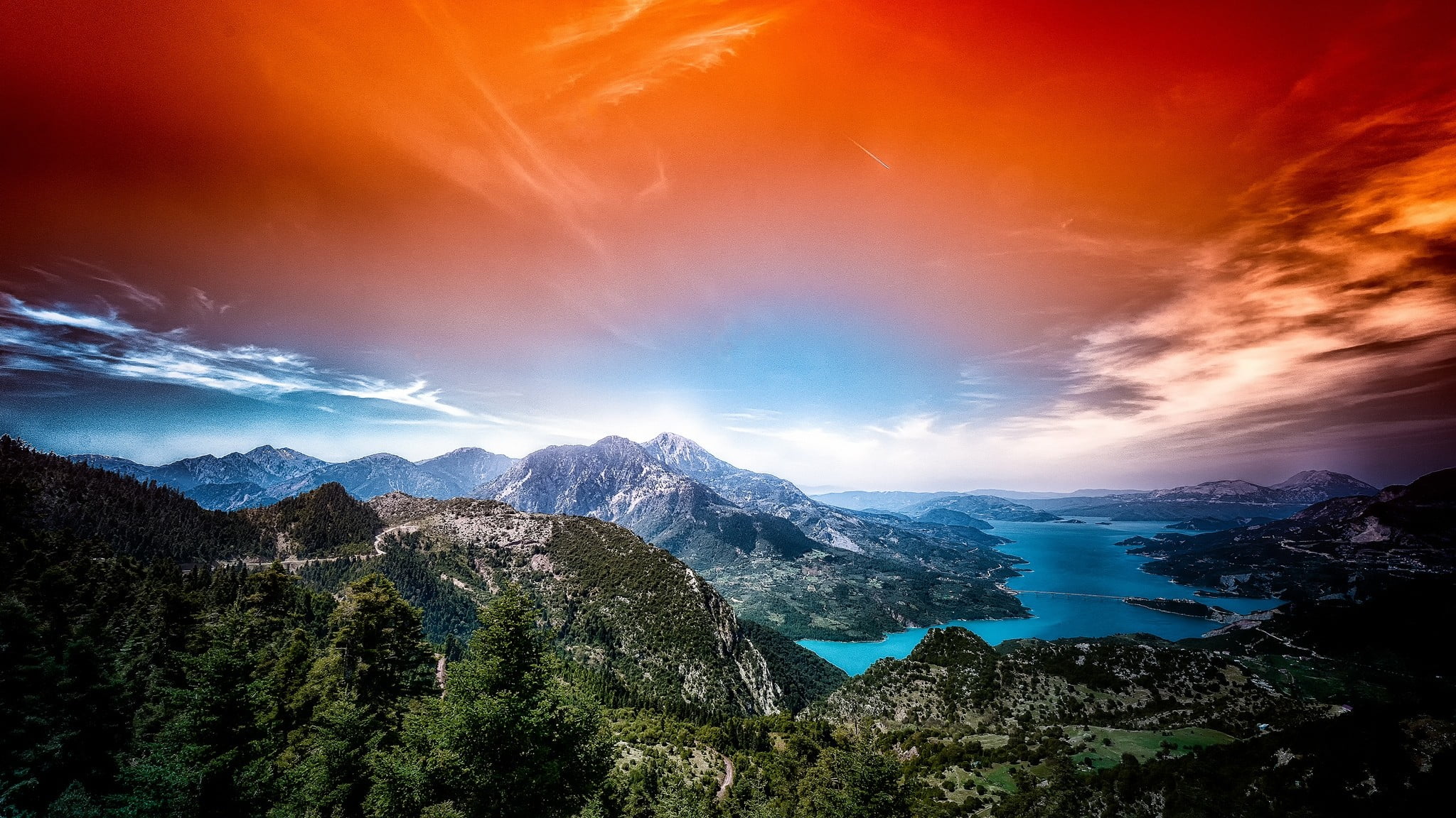 forest, tranquility, travel, non-urban scene, lake, sunset, tree, travel destinations, landscape, scenics - nature, beauty in nature, ranges, nature, mountain peak, HD Wallpaper