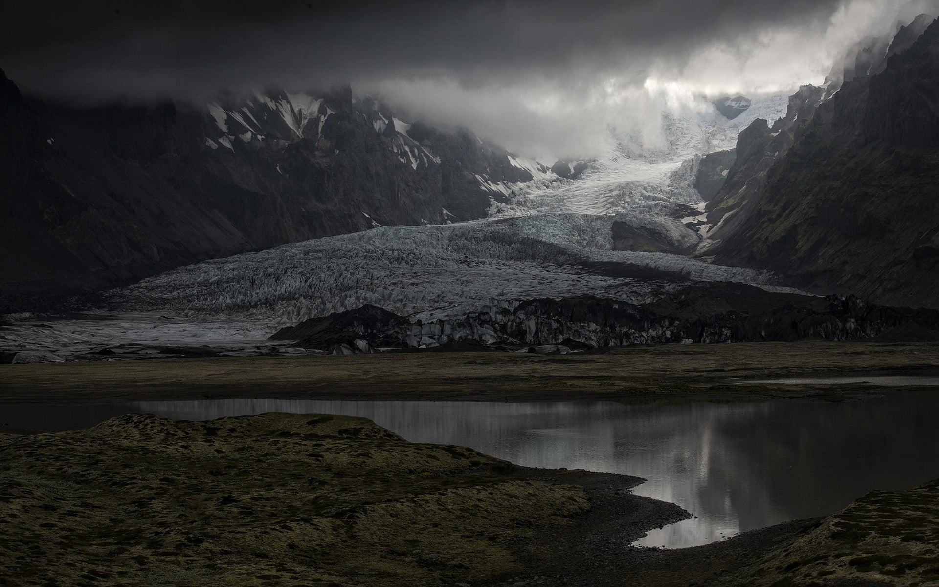 1080P, sunlight, snowy peak, sky, lake, tranquility, beauty in nature, land, tranquil scene, mountains, cloud - sky, mountain range, clouds, non-urban scene, HD Wallpaper