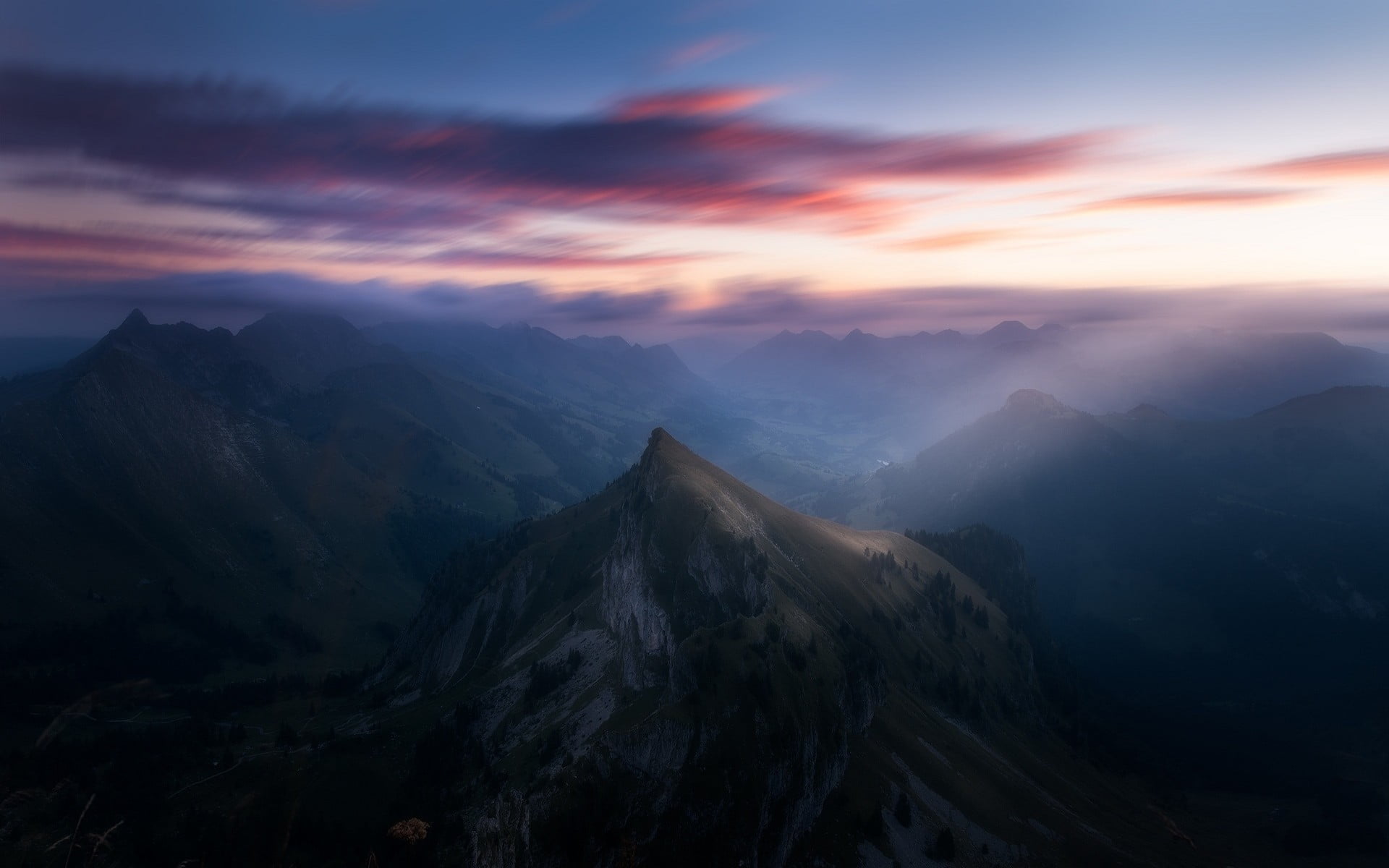 1080P, mist, sunset, no people, scenics - nature, blurred, environment, tranquility, clouds, Alps, non-urban scene, cloud - sky, Switzerland, sunlight, HD Wallpaper