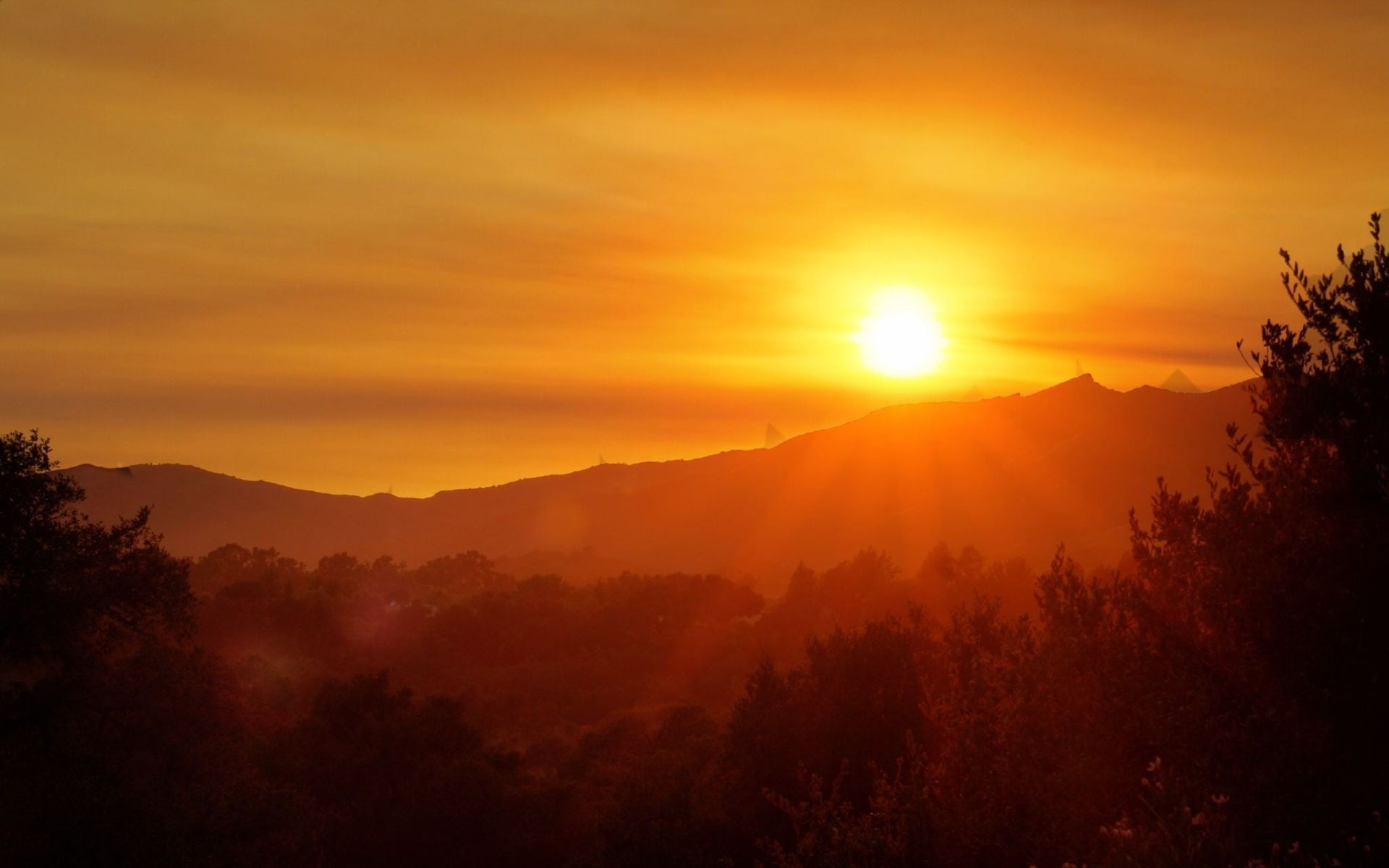 idyllic, cloud - sky, tree, mountain range, range, beauty in nature, orange color, nature, sunset, landscape, mountain, no people, sky, outdoors, tranquility, HD Wallpaper