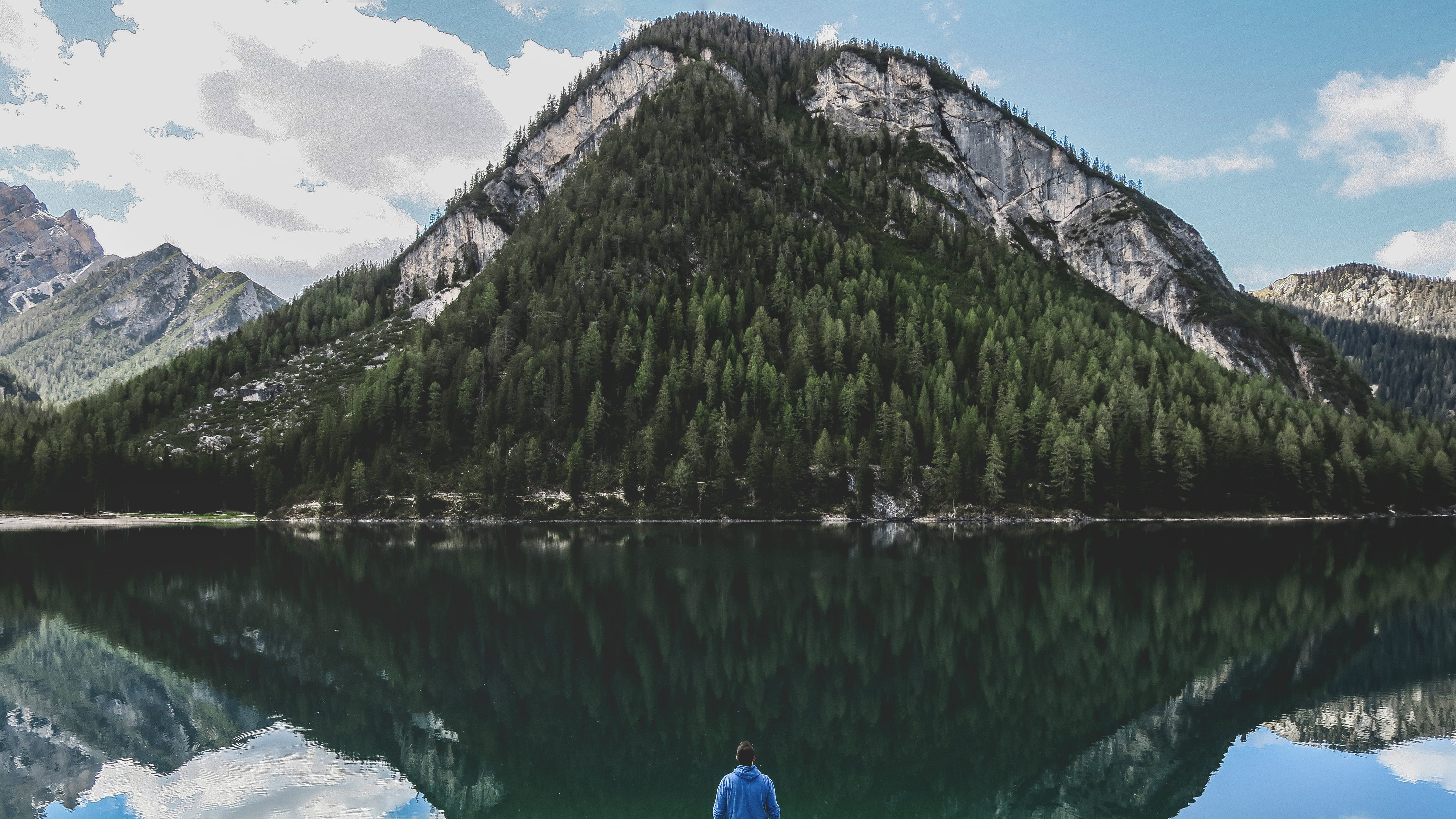 cloud, tree, reflection, mountain range, outdoors, pragser wildsee, non-urban scene, forest, blue, idyllic, beauty in nature, outside, one person, nature, HD Wallpaper