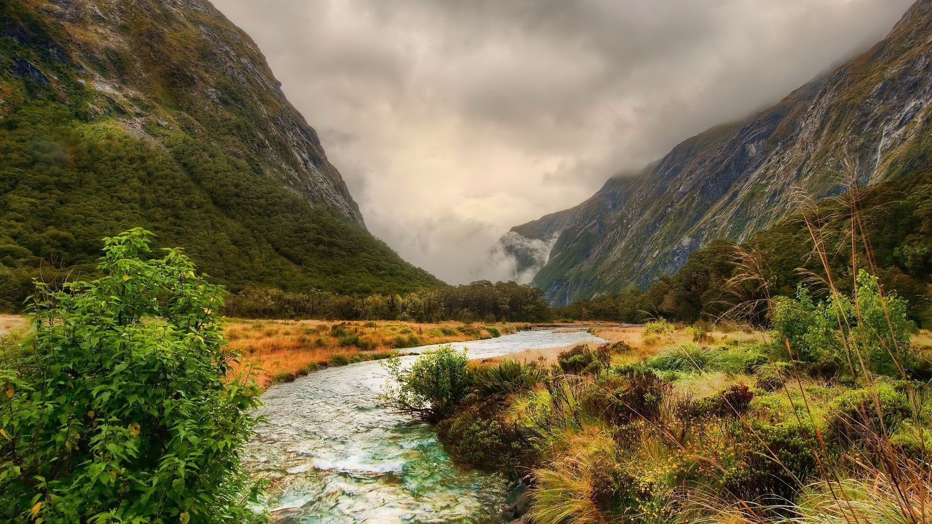 mountain, landscape, no people, beauty in nature, flowing water, water, 1080P, outdoors, tranquil scene, rock, tranquility, mountain range, formation, HD Wallpaper