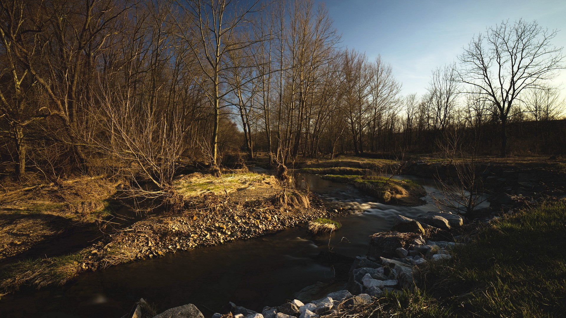 sky, river, outdoors, plant, nature, flowing water, hd image of nature for pc 1920x1080, rock, tranquility, land, day, bare tree, flowing, swamp, stream - flowing water, HD Wallpaper