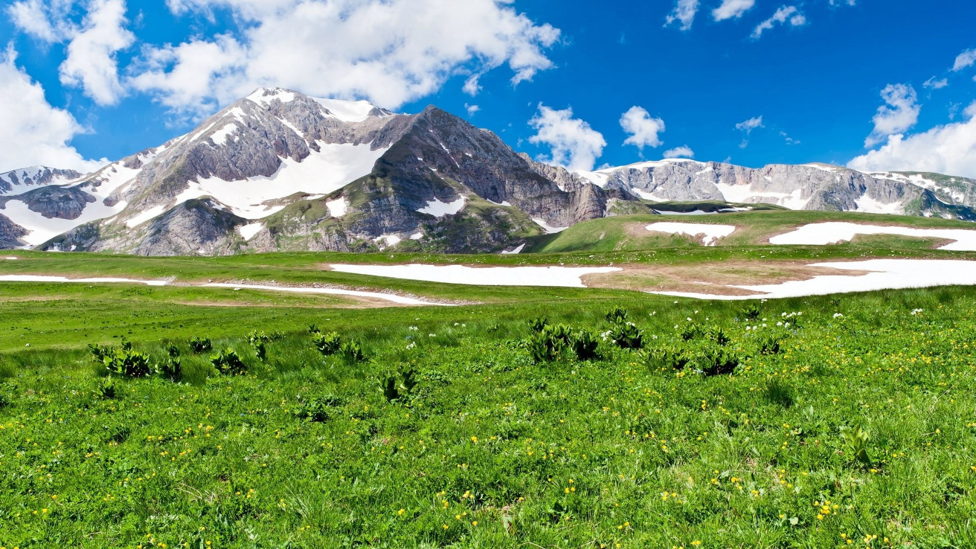 snow, mountain, mountain range, tranquility, scenics - nature, cloud - sky, snowcapped mountain, grass, green color, nature, 1080P, no people, formation, HD Wallpaper
