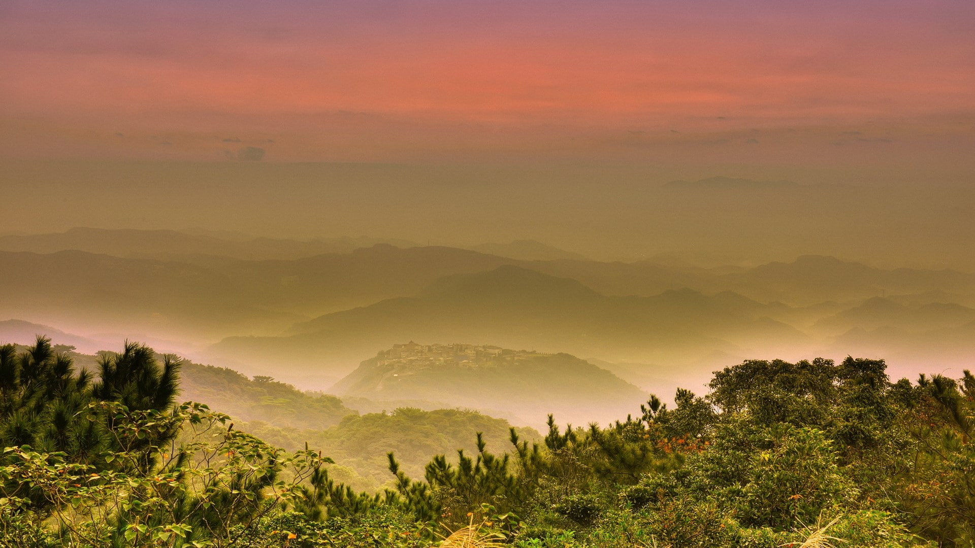 fog, hd images nature pc  1920x1080, mountain, tree, sky, morning, environment, land, mountain peak, scenics - nature, nature, 1080P, sun, dawn, landscape, HD Wallpaper