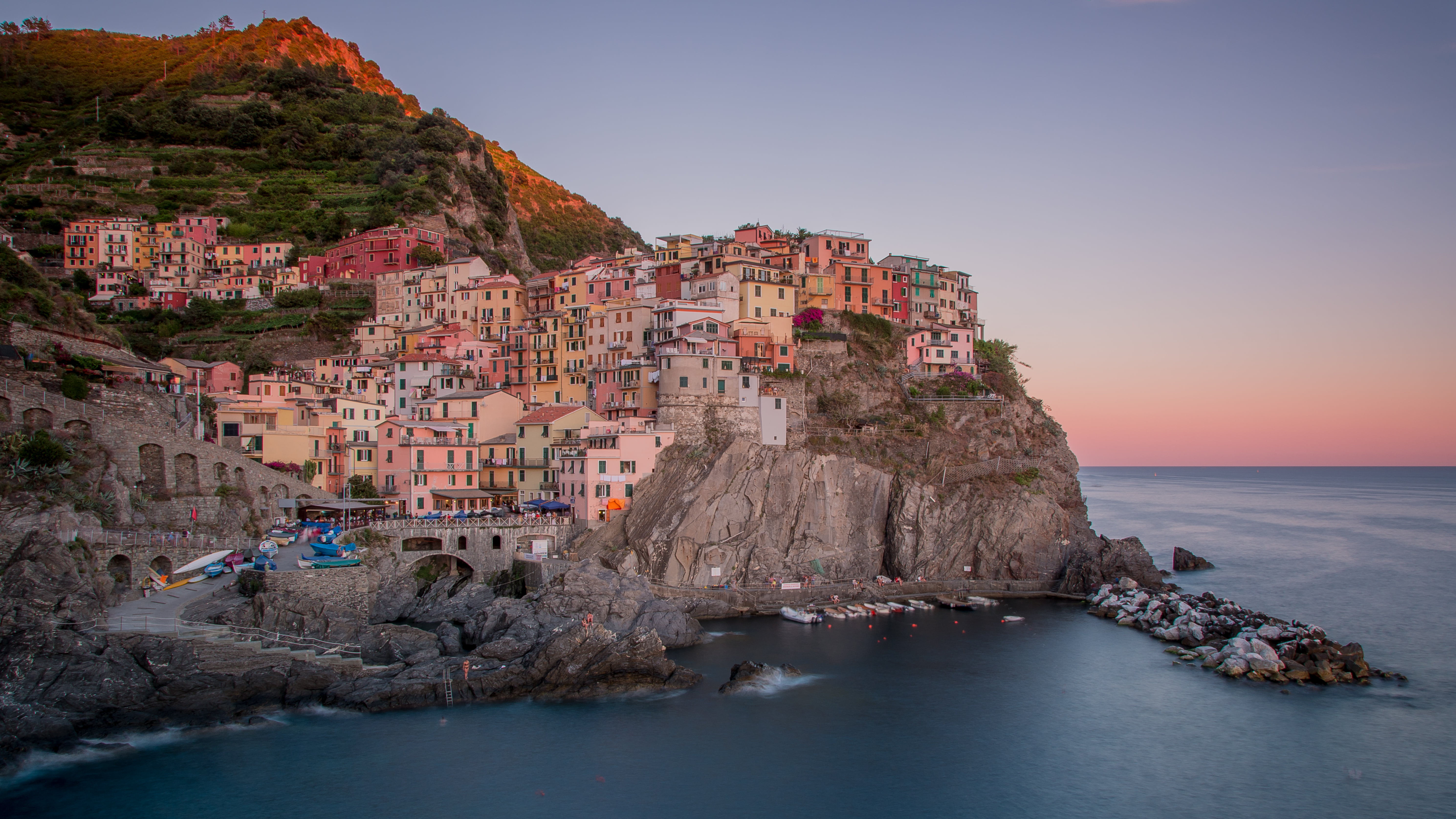 evening, water, body, riomaggiore, village, landscape photography, europe, idyllic, town, tourist attraction, 5K, cliff, architecture, coastline, Cinque Terre, HD Wallpaper